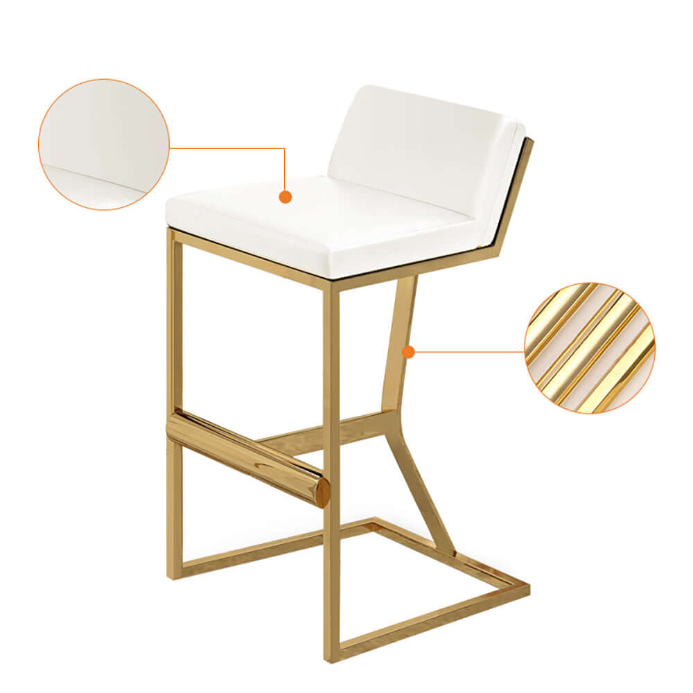 White PU Leather Bar Stool with Gold Legs & Footrest - Modern Counter Height Stool for Kitchen Island, Breakfast Bar & Home Decor