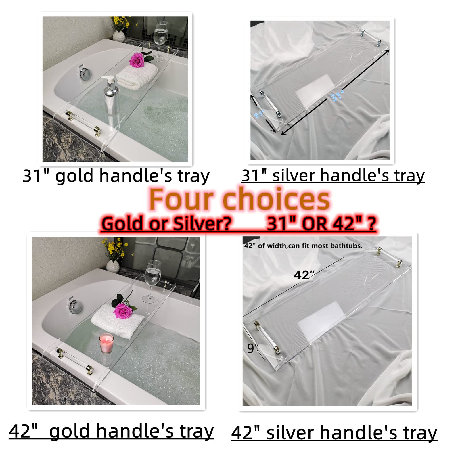 Acrylic Bathtub Tray with Gold Handles - 31 Inch Luxury Bathtub Caddy for Women, Clear Bathtub Shelf for Relaxing Baths, Spa Days & Reading in Tub