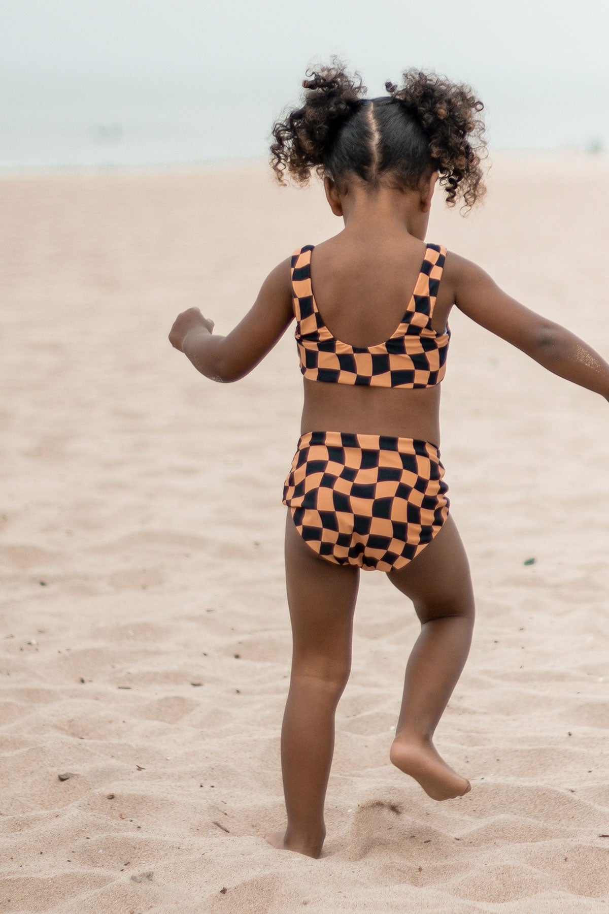 Wavy Checks Two Piece Swimsuit for Women - Sexy High Waisted Bikini Set with Ruffles - Cocoa Brown Bathing Suit for Beach, Pool, Vacation & Summer Fashion