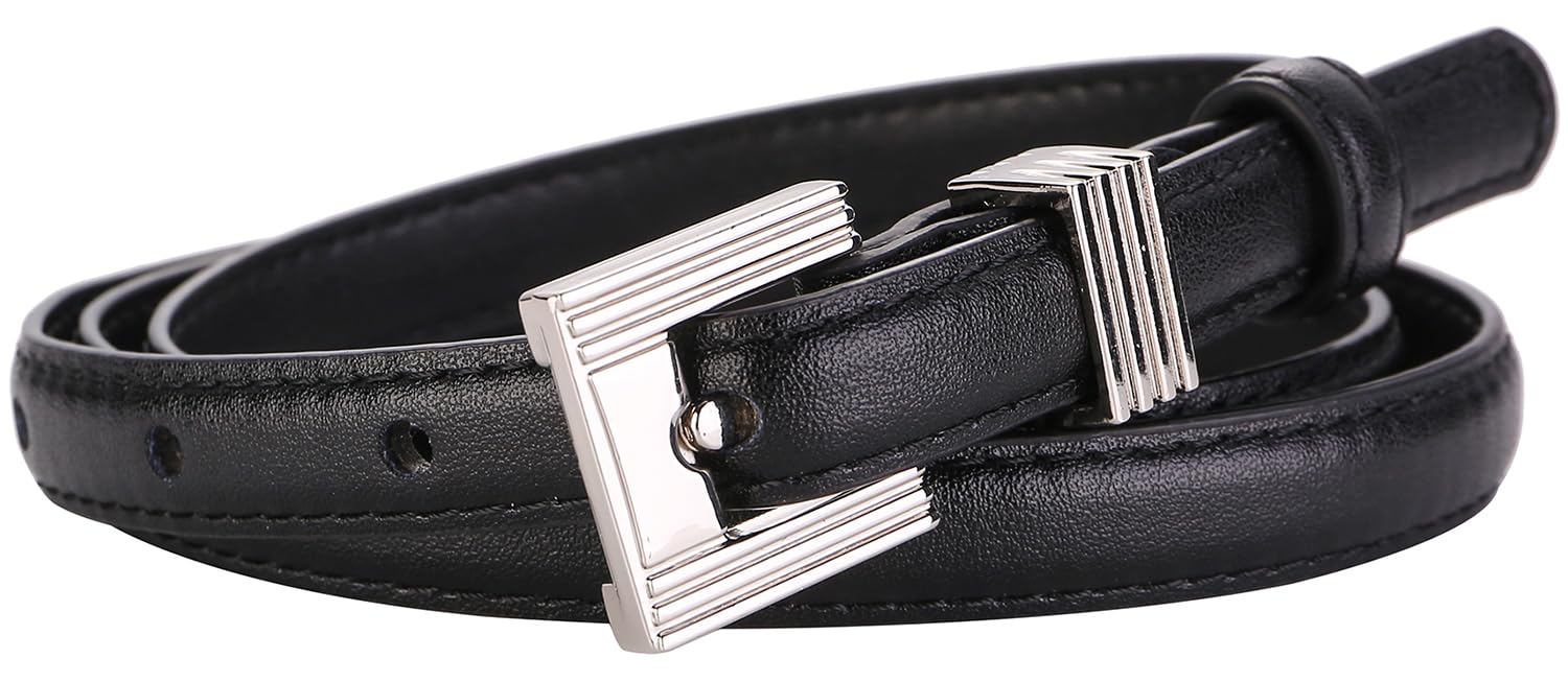 ALAIX Women's Skinny Leather Belt - Thin Black Leather Belt with Gold/Silver Buckle for Jeans, Pants & Dresses | Stylish Waist Accessory for Casual & Formal Outfits