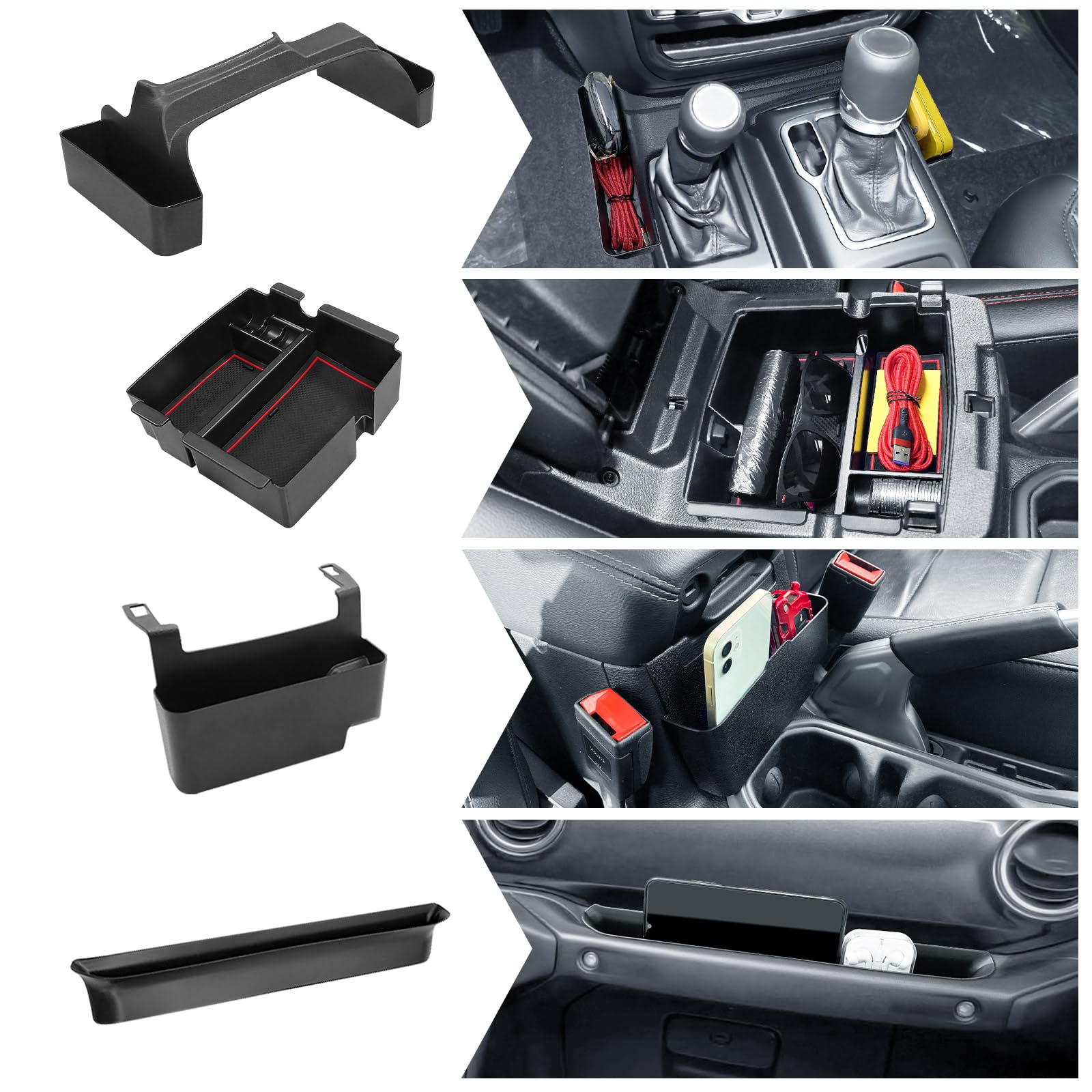 4PCS Jeep Wrangler JL JLU & Gladiator JT Center Console Organizer Set (2018-2023 Models) - Gear Shift Tray, Hanging Storage Box, Co-Pilot Organizer & Armrest Storage | Perfect for Road Trips, Off-Roading & Daily Commuting