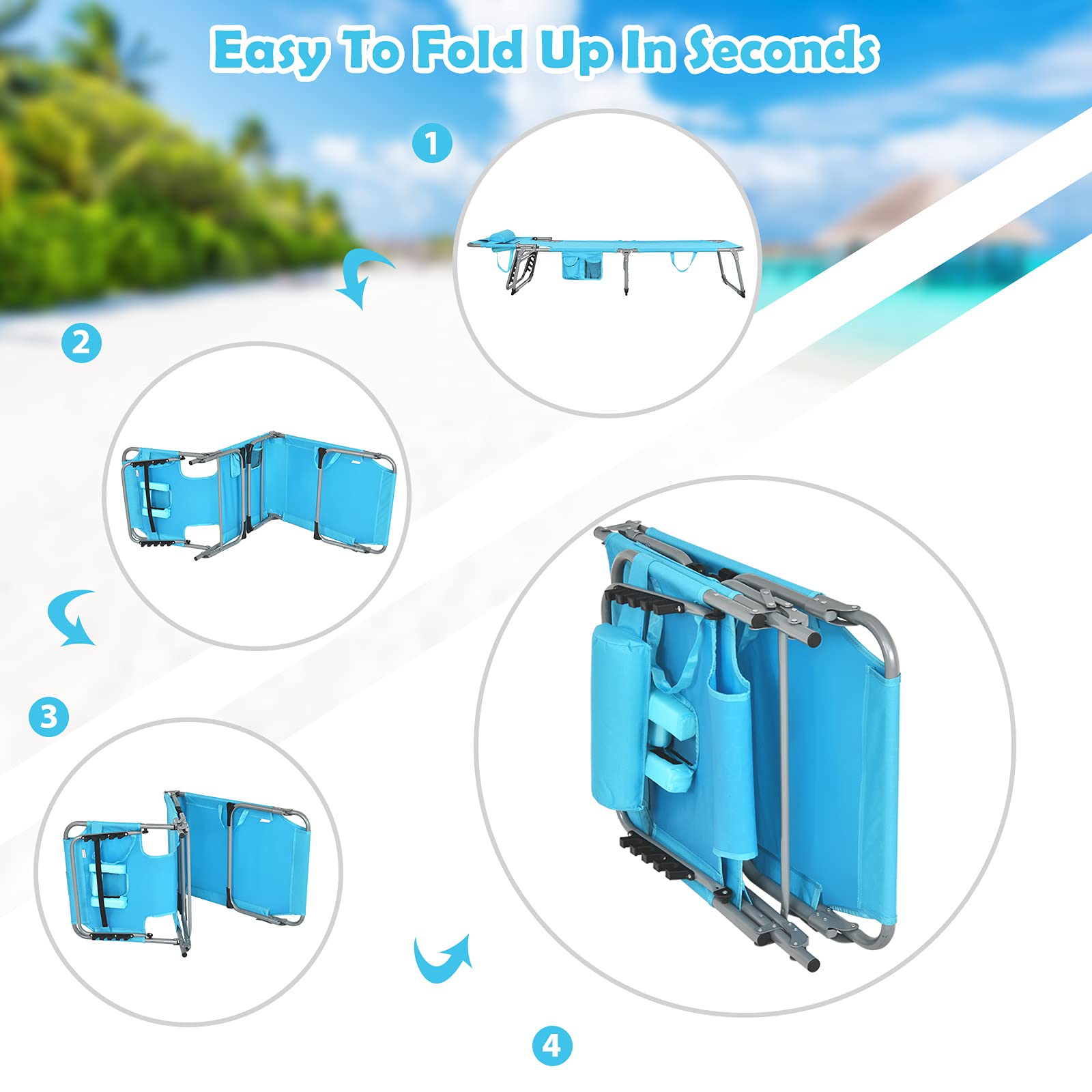 Goplus Folding Tanning Chair with Face & Arm Hole - 5-Position Adjustable Beach Lounge Chair with Removable Pillow & Side Pocket - Portable Outdoor Sunbathing Chair for Pool, Patio, Lawn & Backyard (Sky Blue) - Perfect for Beach Vacation, Backyard Relaxation & Outdoor Sunbathing