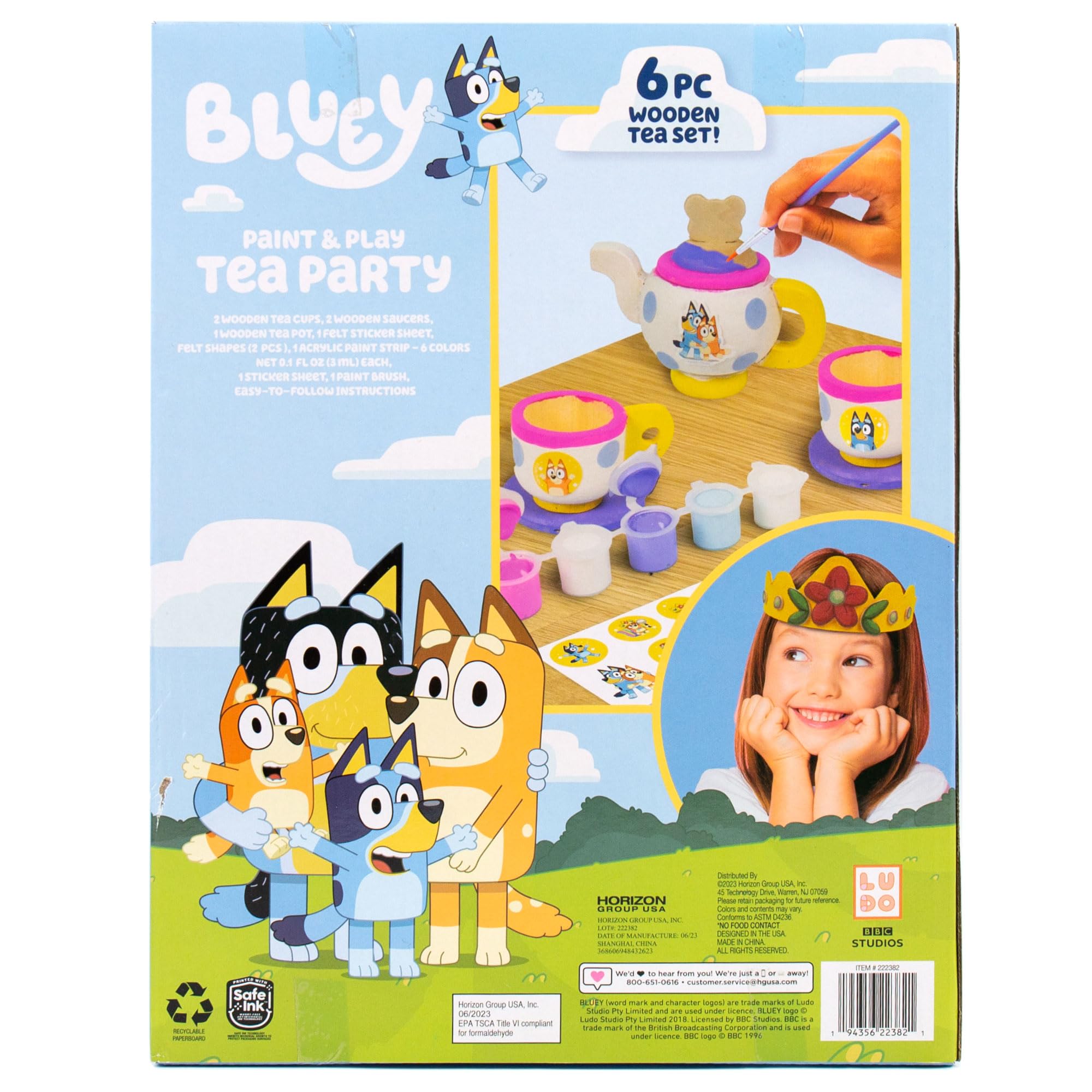 Bluey Paint & Play Tea Set - 6-Piece Wooden Toy for Kids with Custom Paint & Stickers, 2 Wearable Crowns | Pretend Play, Birthday Party Decor & Creative Gift for Toddlers | Perfect for Imaginative Play, Tea Parties & Preschool Learning Activities