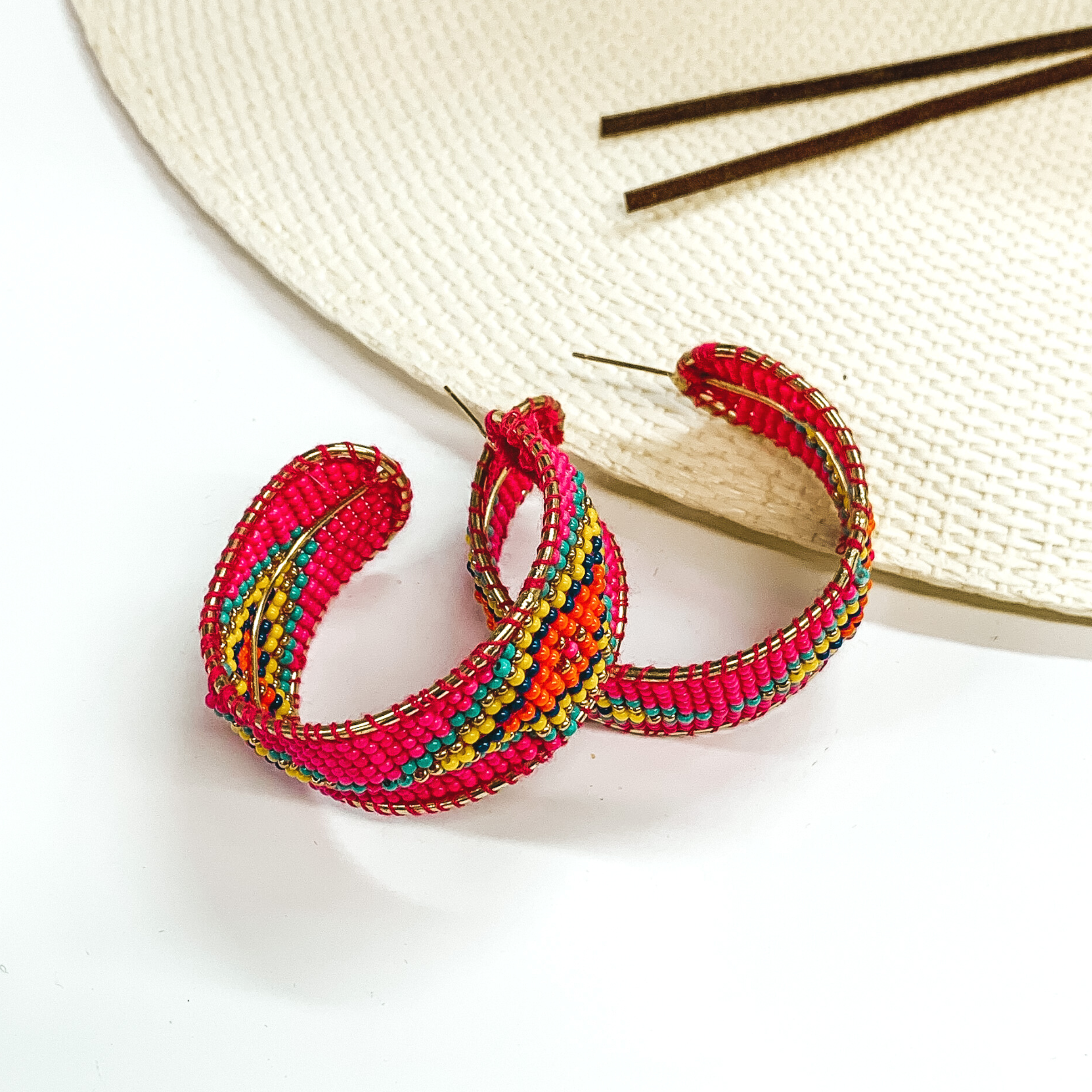 Aztec Pattern Beaded Hoop Earrings for Women - Hot Pink Tribal Jewelry for Boho Chic, Festival & Everyday Wear