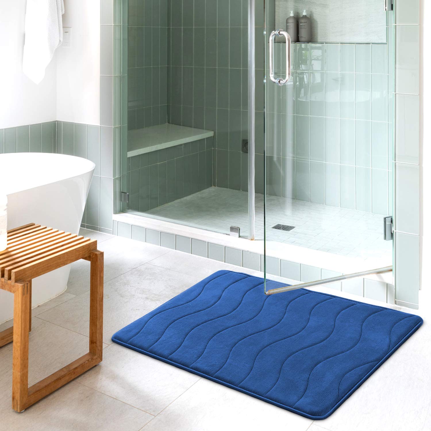 Premium Flamingo Print Memory Foam Bathroom Mat - Super Soft Non-Slip Shower Rug (24x36 Inches) in Royal Blue - Perfect for Bathroom, Shower & Spa Decor
