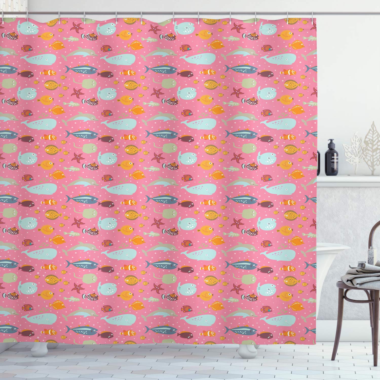 Ambesonne Fish Shower Curtain - Doodle Marine Theme with Pufferfish, Clownfish, Whale & Dolphins on Pink Background - 69x75 Inch Waterproof Fabric Bathroom Decor with Hooks - Perfect for Kids' Bathrooms, Beach House Decor & Ocean-Themed Nurseries