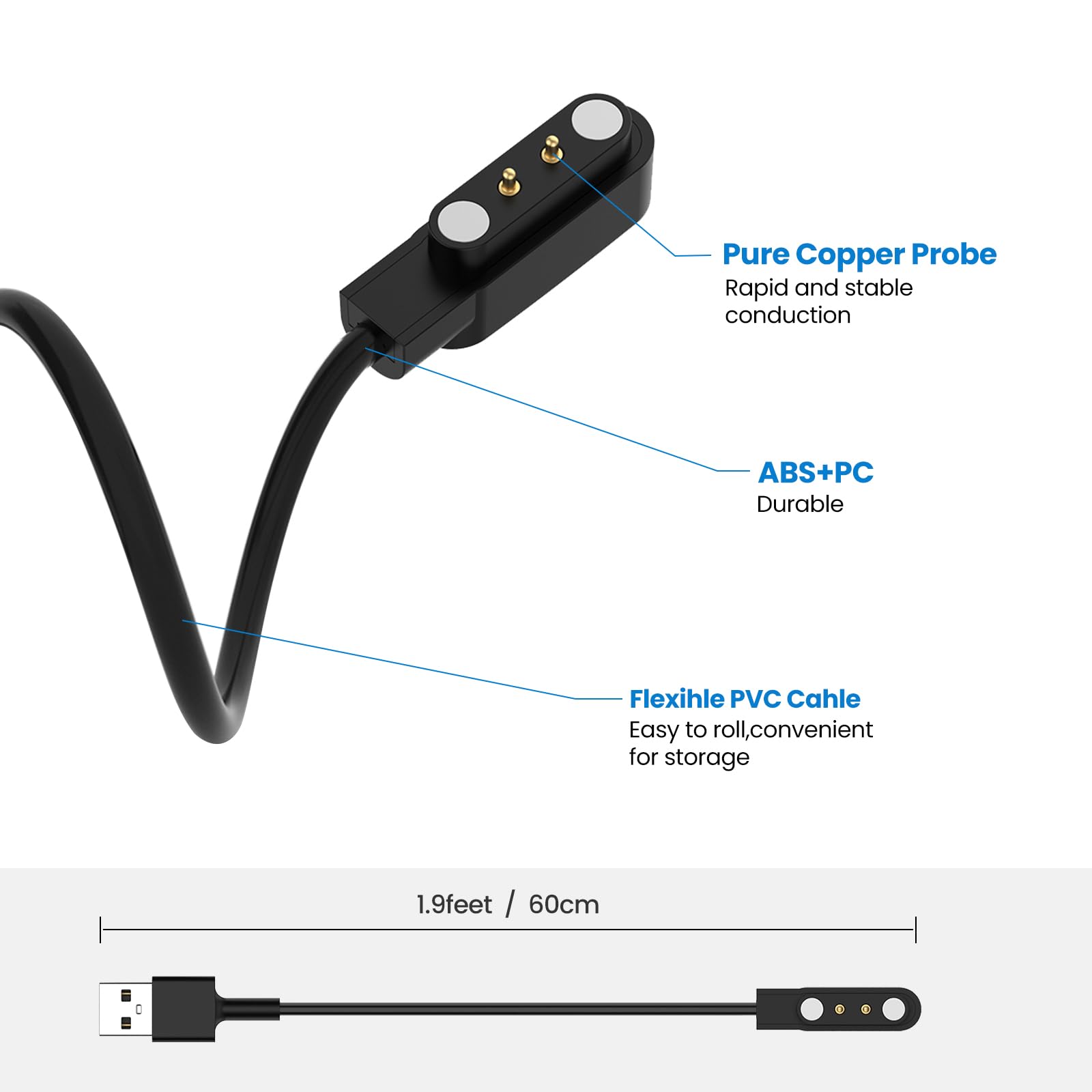 Magnetic USB Charging Cable for Mindrose H80/H56 & Parsonver SR1 Smart Watch - Portable Replacement Charger Cord (Black & White) - Perfect for Travel, Office, and Home Use