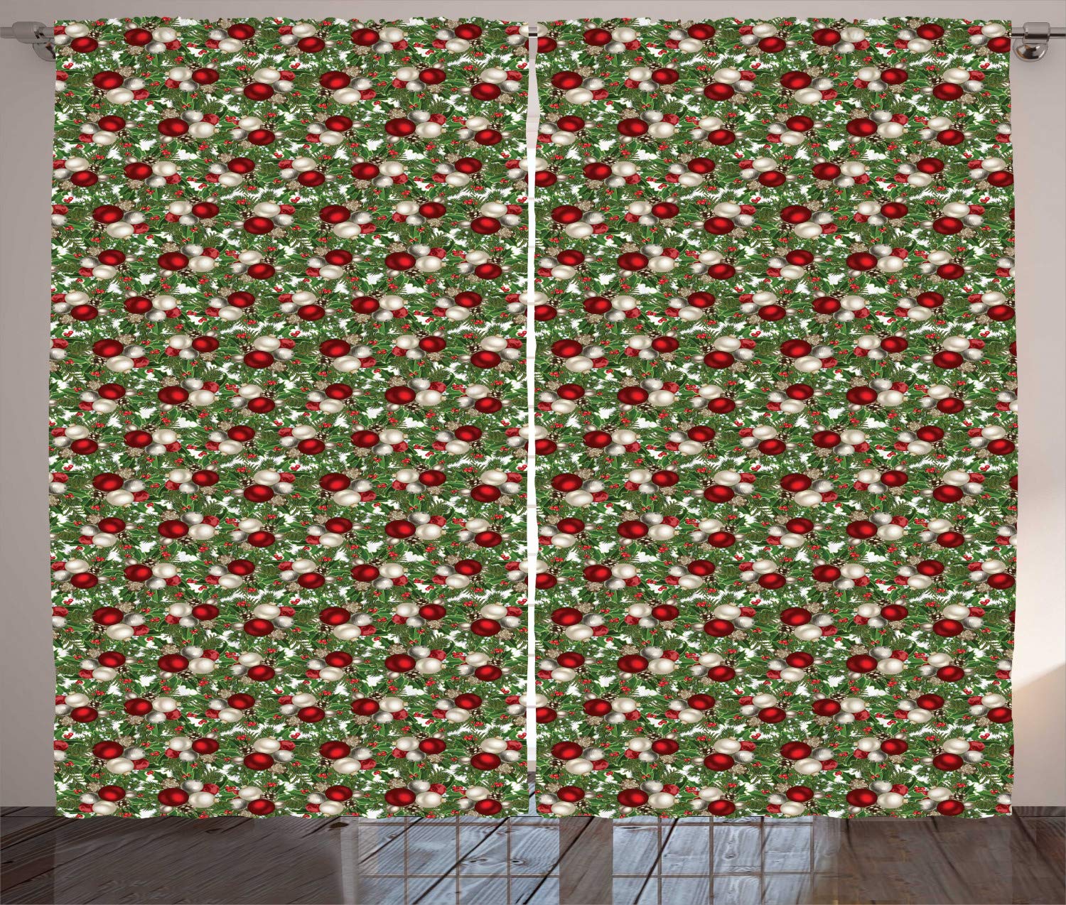 Ambesonne Christmas Curtains - Pine Fir Cones & Holly Berry Holiday Window Drapes, 2 Panel Set 108