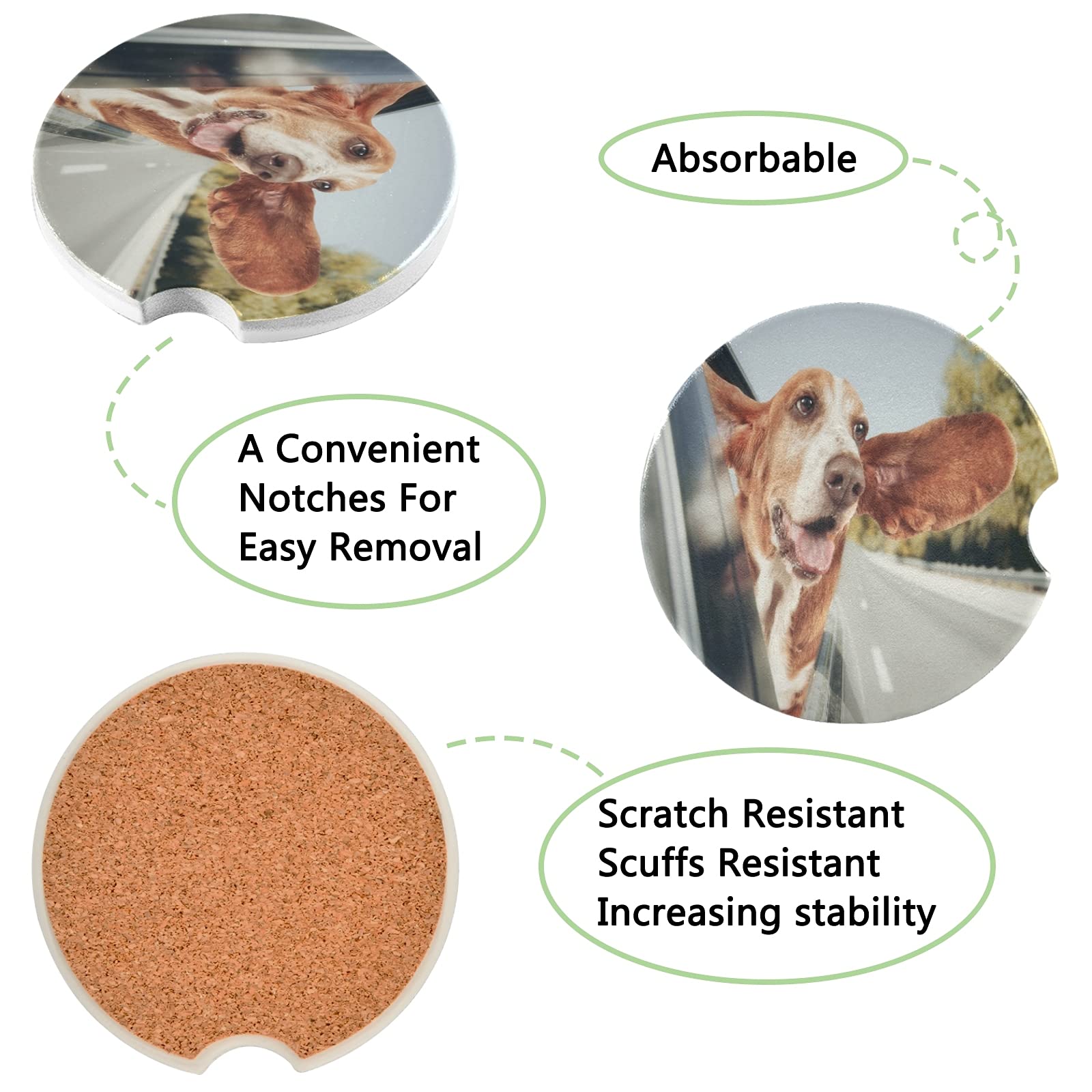 2 Pack Absorbent Ceramic Basset Hound Car Coasters with Fingertip Grip, 2.5 Inch Cup Holder Coasters for Drinks, Perfect for Cars, Trucks, and SUVs