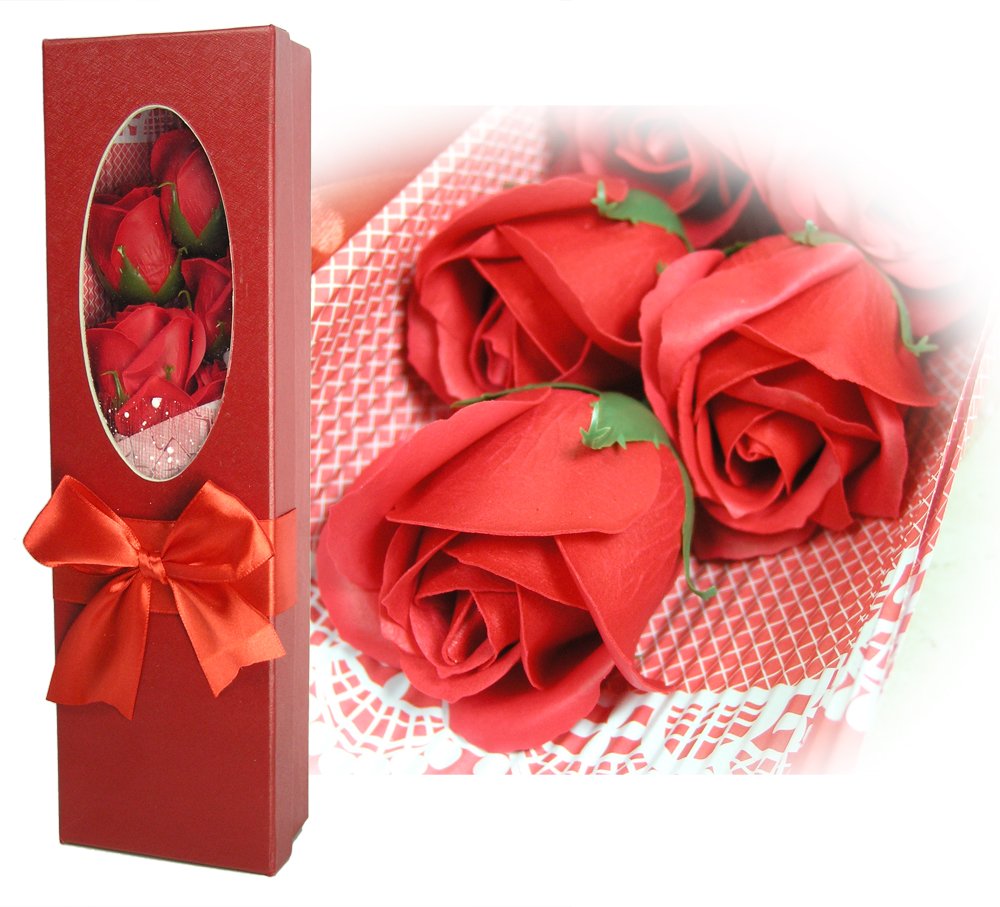 BANBERRY DESIGNS Artificial Red Rose Bouquet - Set of 5 Scented Silk Roses in Gift Box with Red Bow - 13