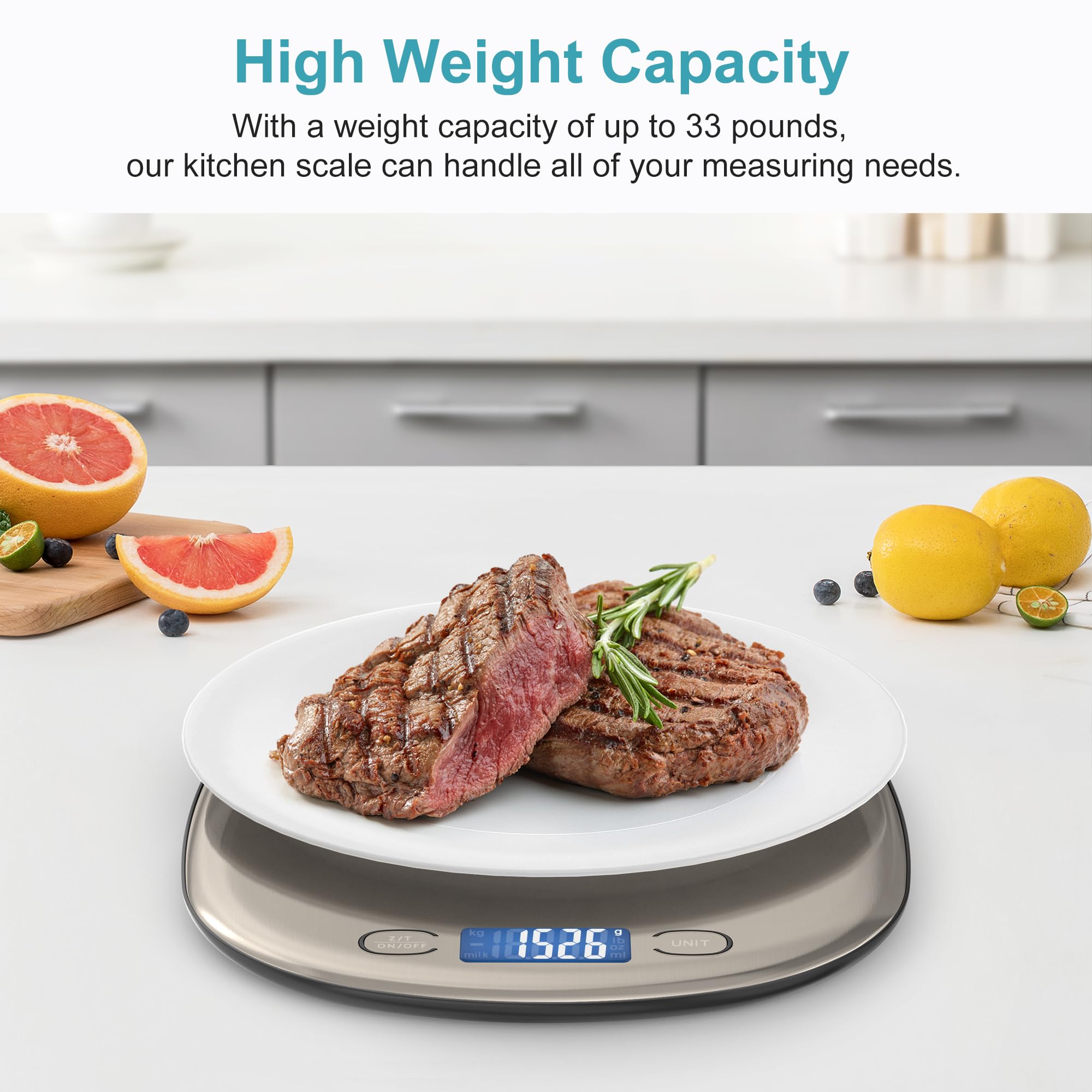 Ultrean 33lb Rechargeable Digital Kitchen Scale - Large Food Scale with LCD Display, 1g Precision for Cooking, Baking & Meal Prep | Slim Lightweight Design for Home & Commercial Use