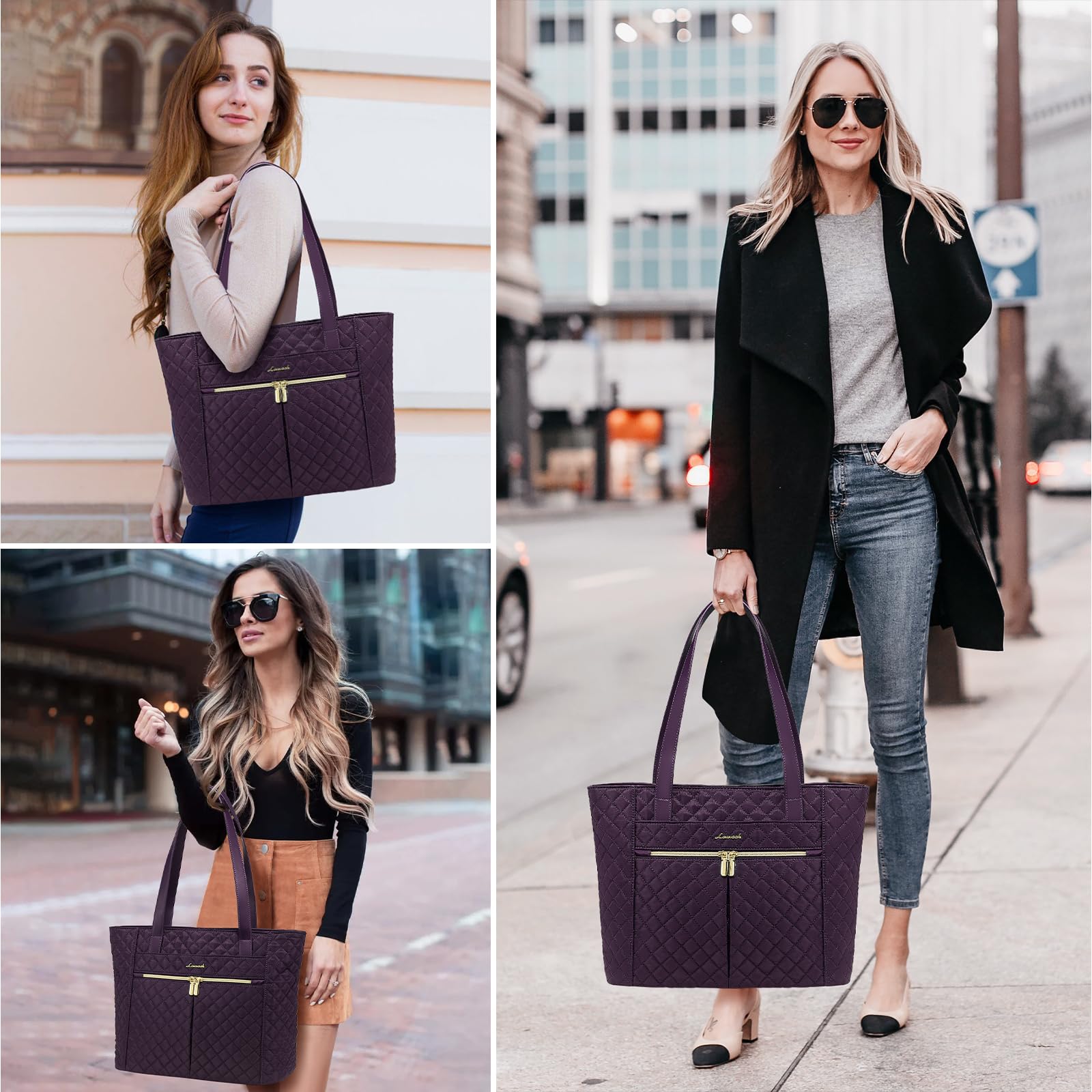LOVEVOOK 17 Inch Diamond Quilted Laptop Tote Bag for Women - Stylish Work & Travel Shoulder Bag with Clutch Purse, Computer Briefcase Handbag (Purple) - Perfect for Office, Business Meetings & Commuting