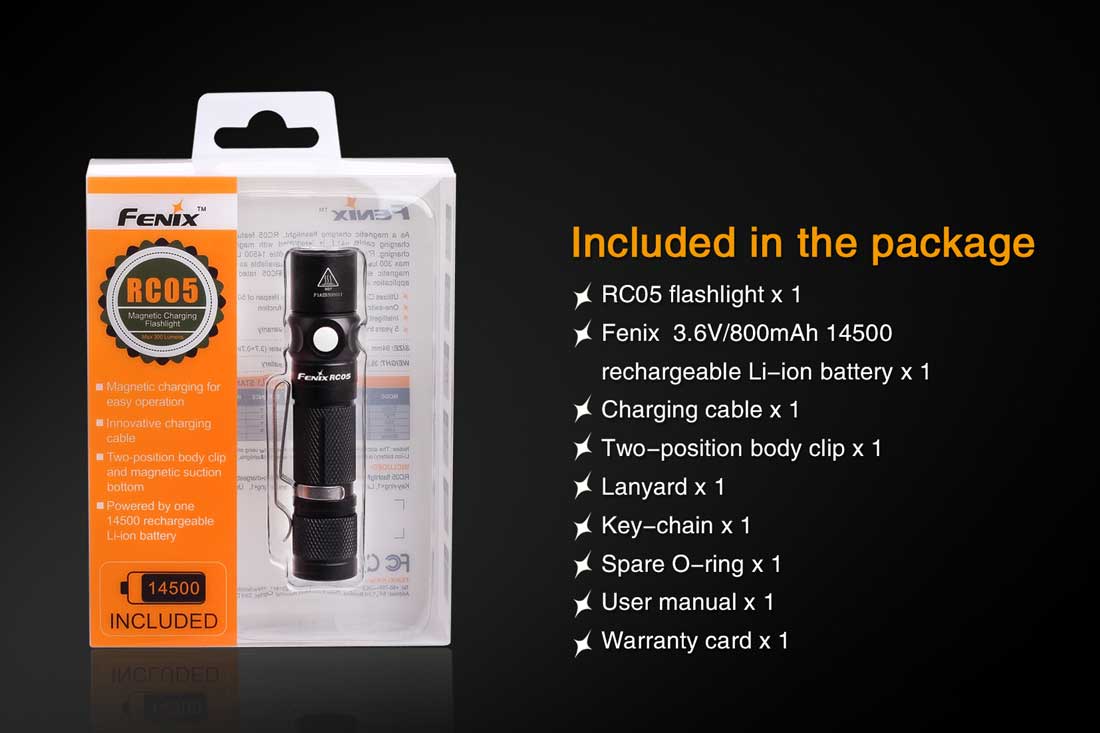 Fenix RC05 Rechargeable LED Flashlight - 900 Lumens, Compact & Waterproof for Camping, Hiking, Emergency Use (Discontinued Model)