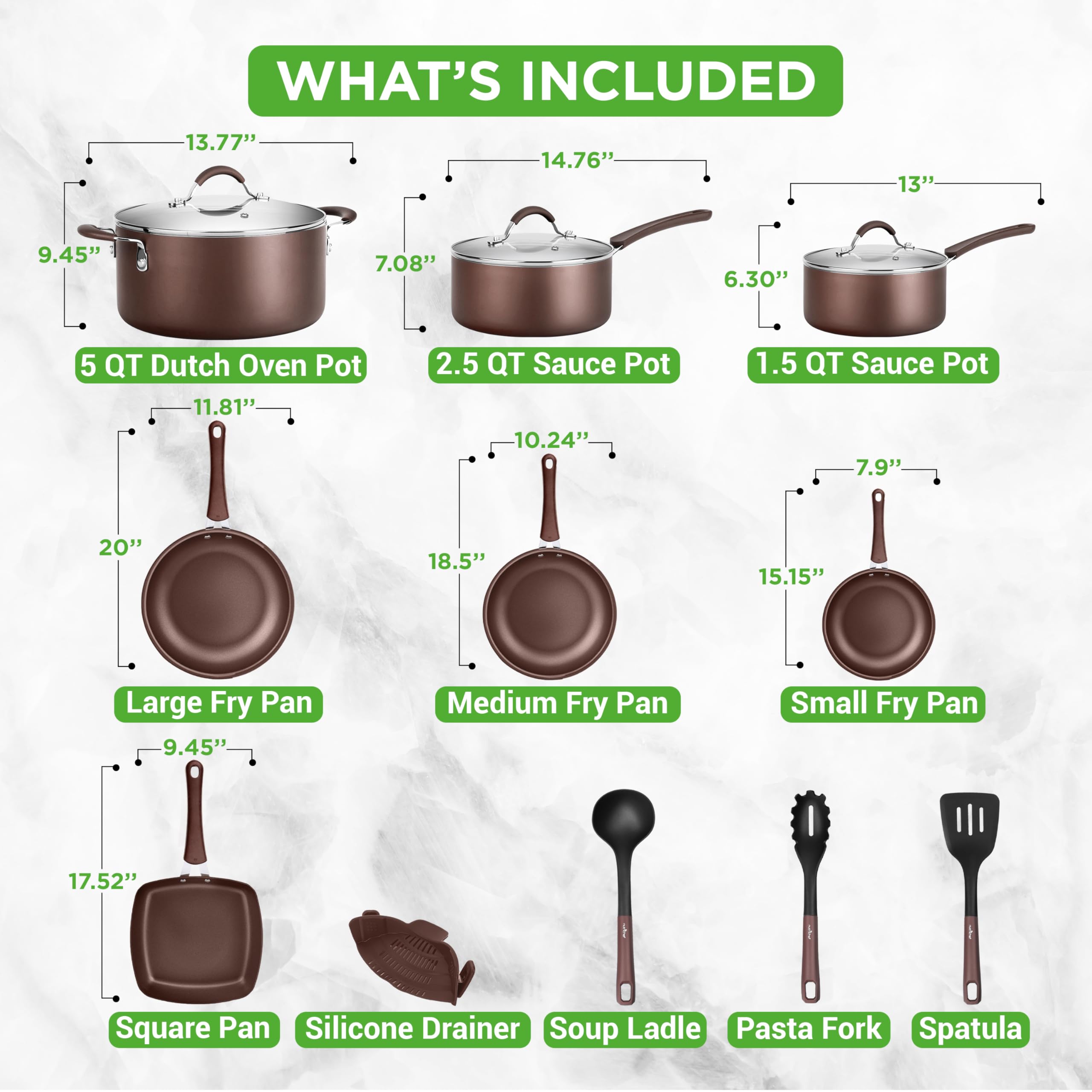 NutriChef 14-Piece Nonstick Brown Cookware Set - Scratch-Resistant Pots & Pans with Glass Lids & Utensils - Induction Compatible for Gas, Electric, Ceramic & Halogen Stoves - Perfect for Frying, Sautéing & Everyday Cooking