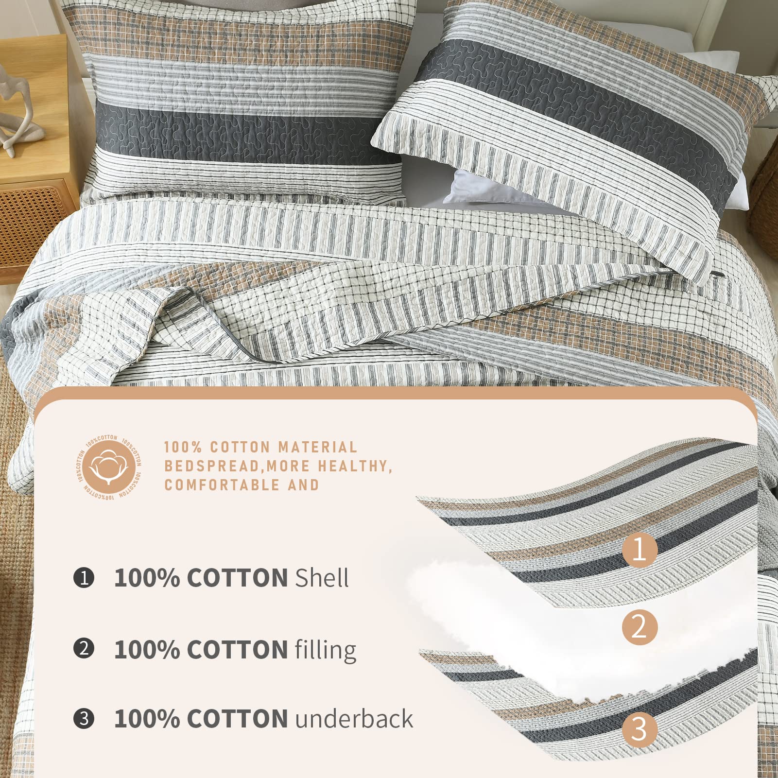 Finlonte King Size Quilt Set - 100% Cotton Reversible Lightweight Comforter, Grey Striped Farmhouse Bedding (3-Piece) - Perfect for All Seasons, Master Bedroom & Guest Room Decor