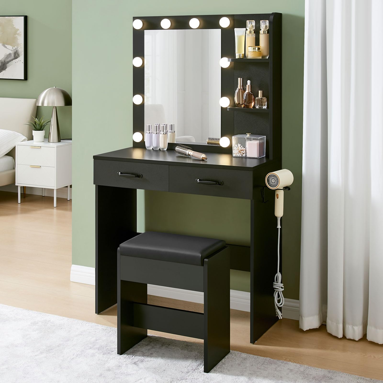 Vanity Desk with Mirror and Lights - Modern Dressing Table with LED Lights, Adjustable Brightness for Makeup & Skincare - Perfect for Bedroom, Dorm, or Salon (White)
