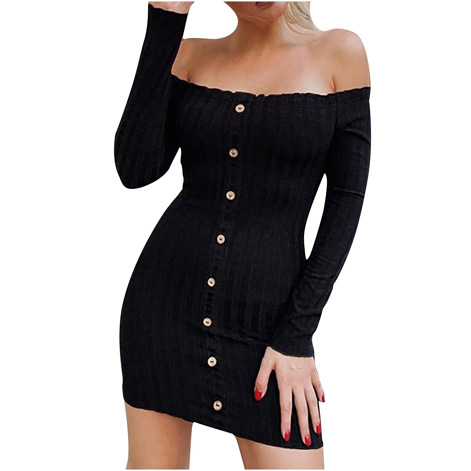 Sexy Off Shoulder Boatneck Long Sleeve Bodycon Mini Dress for Women - Wedding Guest Dress with Button Down Design | Perfect for Cocktail Parties, Date Nights & Special Occasions