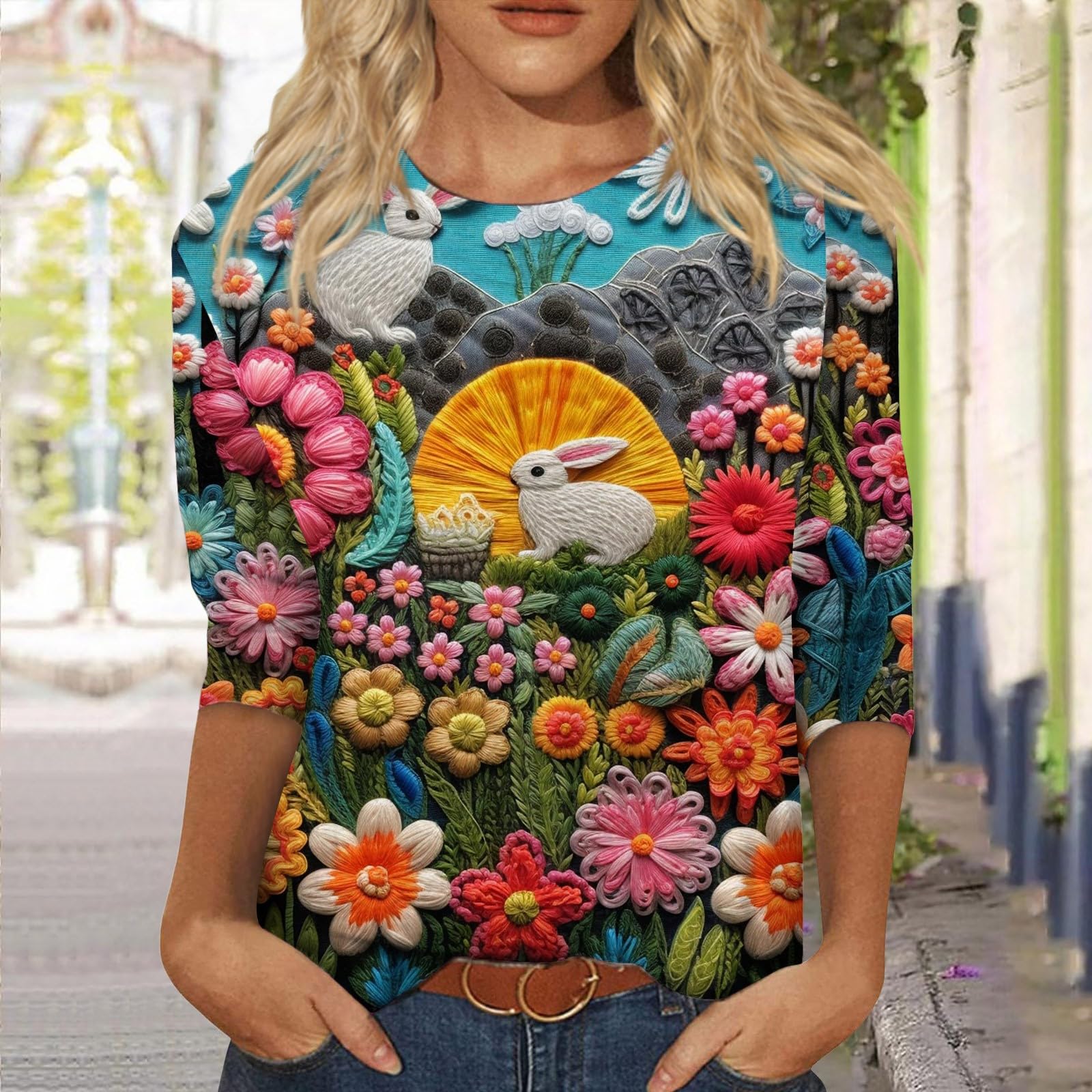 2024 Basysin Easter Bunny Print 3/4 Sleeve T-Shirt for Women - Plus Size Crewneck Loose Blouse - Cute Spring Outfit for Easter Celebrations, Church Events & Family Gatherings
