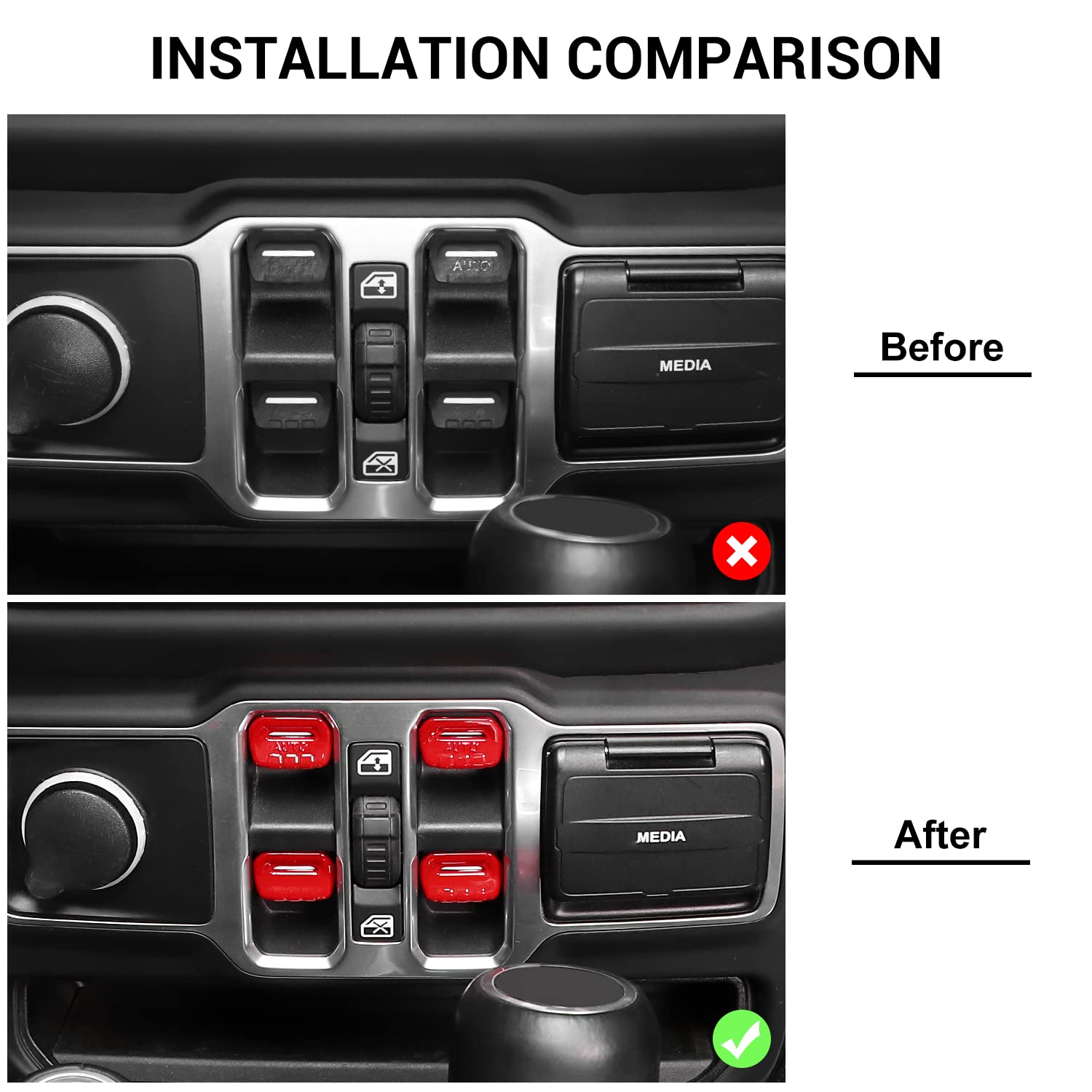 Jeep Wrangler JL JLU (2018-2024) & Gladiator JT (2020-2024) Center Console Window Button Switch Cover - 4PCS Red Interior Trim Accessories - Perfect for Off-Roading & Car Customization