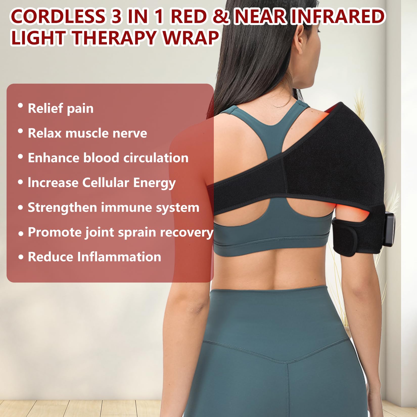 Portable Cordless Red Light Therapy Device for Shoulder Pain Relief - 4000mAh Battery Wireless Near Infrared Light Therapy Wrap for Arm, Body & Muscle Relaxation | Home Use, Post-Workout Recovery, Chronic Pain Treatment
