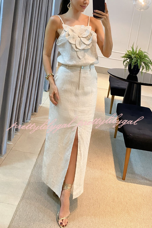 Elegant Linen Blend Floral Embroidered Tank Top & High Waist Pocketed Slit Skirt Set for Women | Summer Outfits, Beach Vacation, Date Night, Casual Chic Style