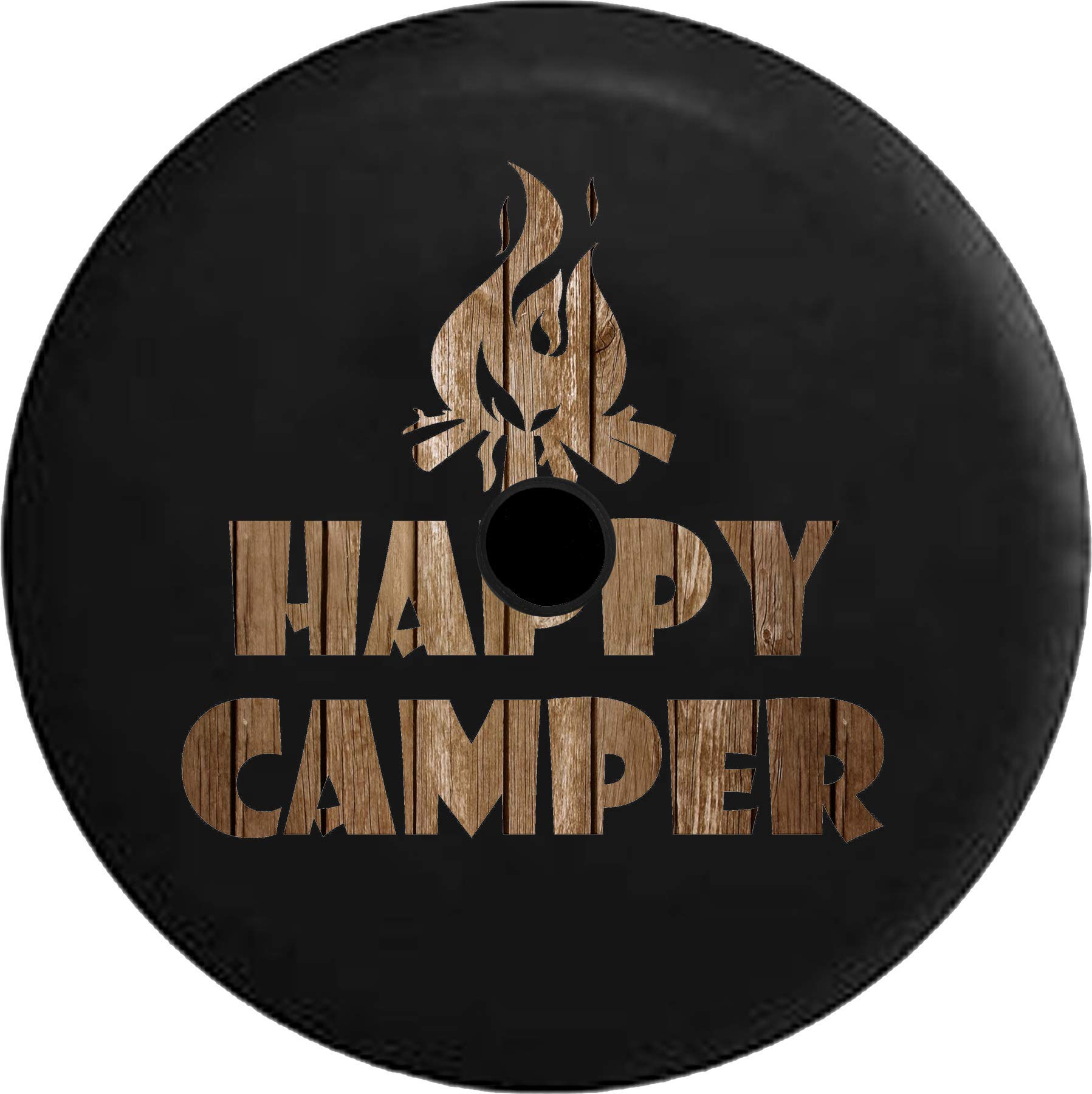 JL Spare Tire Cover - Happy Camper Campfire Design with Distressed Barn Wood Texture & Backup Camera Hole - 32 Inch Black - Perfect for Jeep Wrangler & Off-Road Adventures