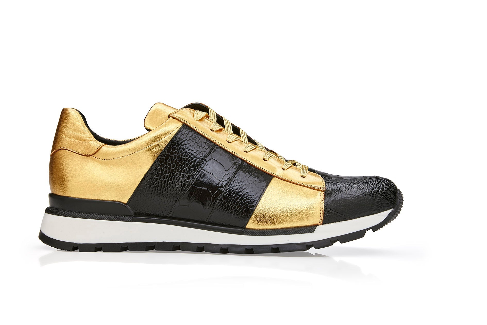 Belvedere Blake Genuine Ostrich & Italian Calf Leather Sneakers - Black/Gold 33629 | Luxury Casual Shoes for Men | Perfect for Office, Date Night & Special Occasions