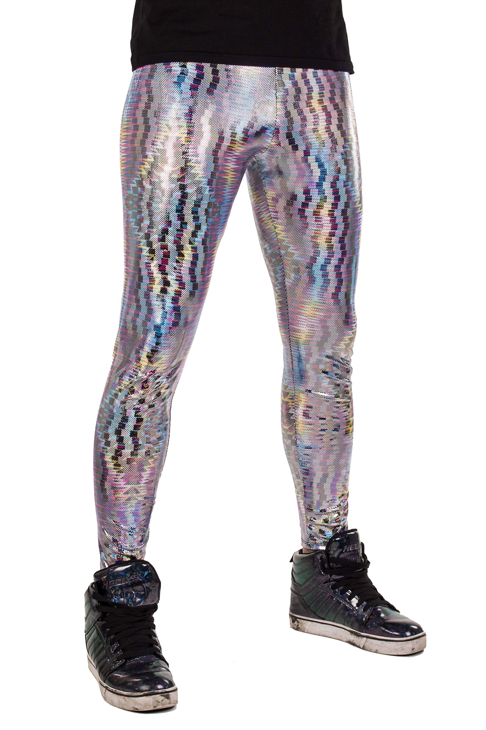 Funstigators Festival Clothing: Men's Holographic Disco Meggings - Made in USA | Rave Wear, Dance Pants & EDM Festival Outfit for Men