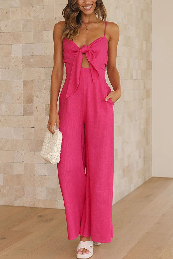 Vrinda Women's Adjustable Tie Smocked Back Jumpsuit with Pockets - Casual Summer Romper for Beach, Travel & Everyday Wear