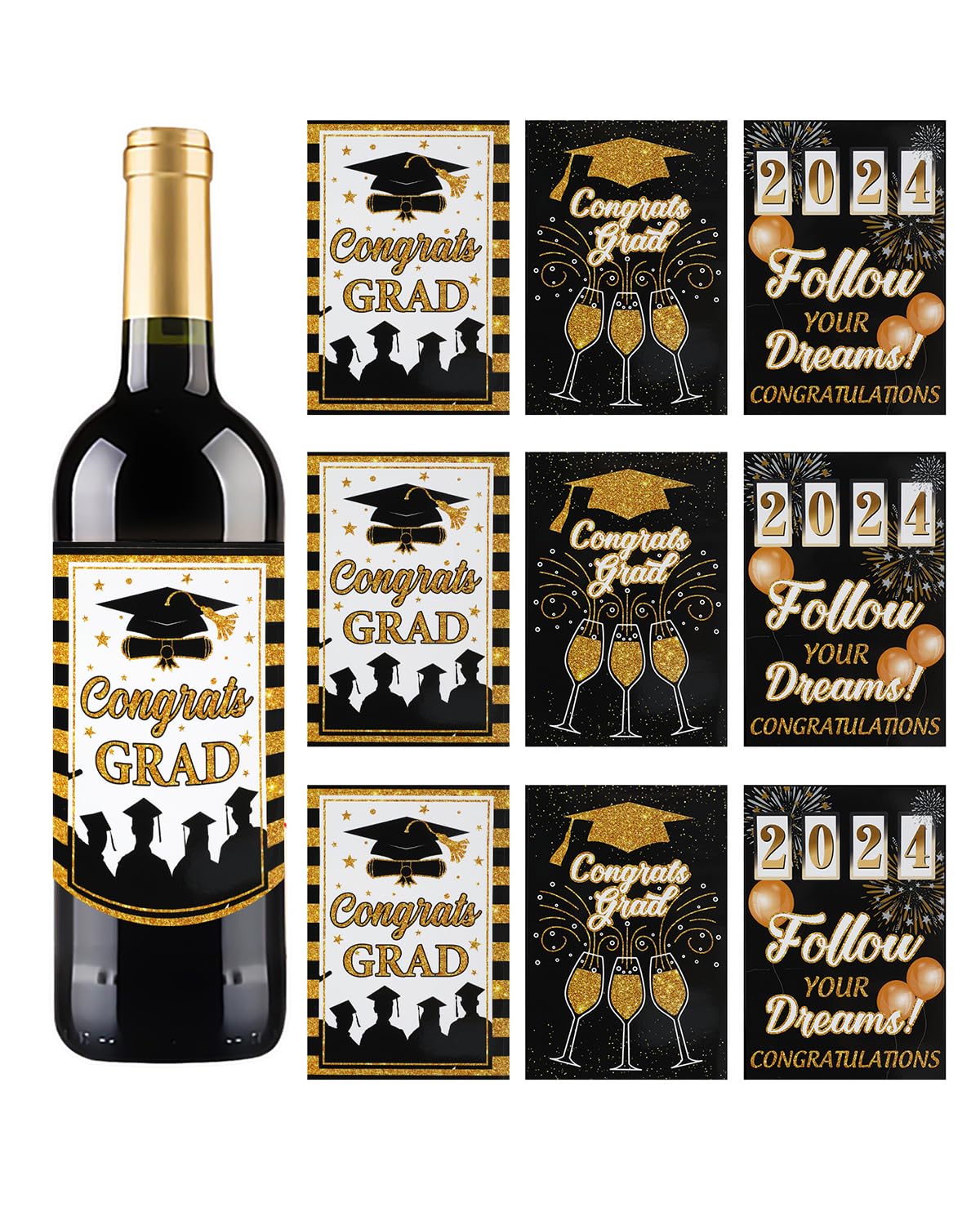VIDELLY 18Pcs Graduation Wine Bottle Labels - Class of 2024 Black Gold Champagne Soda Bottle Stickers - Perfect for Grad Party Decorations, Ceremony Celebrations & Congratulatory Gifts