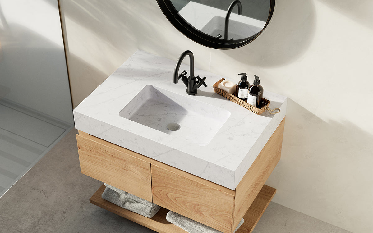 Corsica Gold Rio Blanco Floating Vanity - Modern Bathroom Vanity with Sink & Storage - Perfect for Small Bathrooms, Powder Rooms & Contemporary Home Decor
