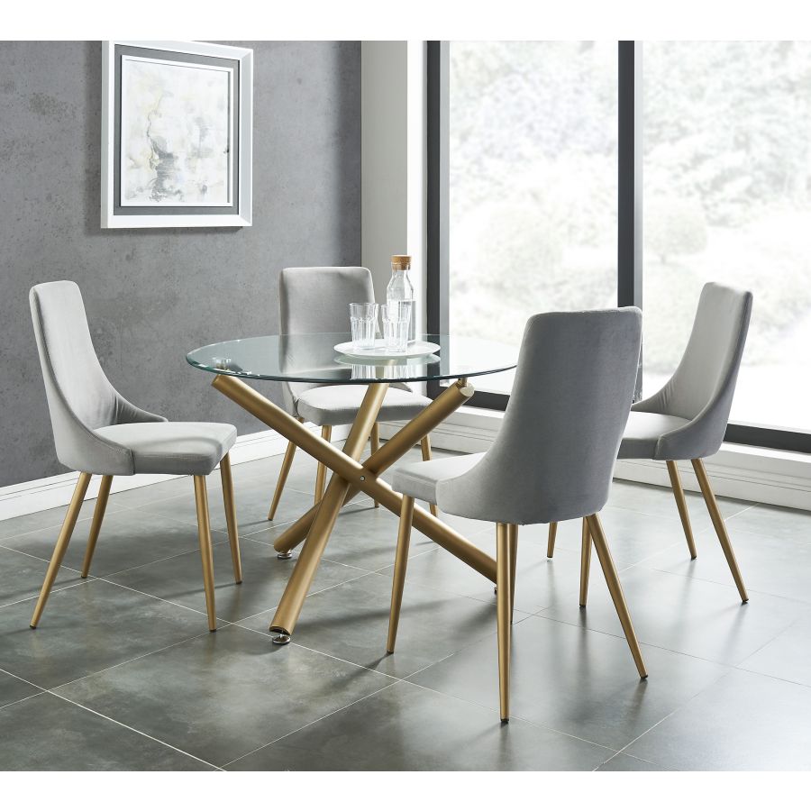 Carmilla 5-Piece Dining Set - Aged Gold Finish with Grey Upholstered Chairs - Elegant Kitchen & Dining Room Furniture for Small Spaces & Apartments