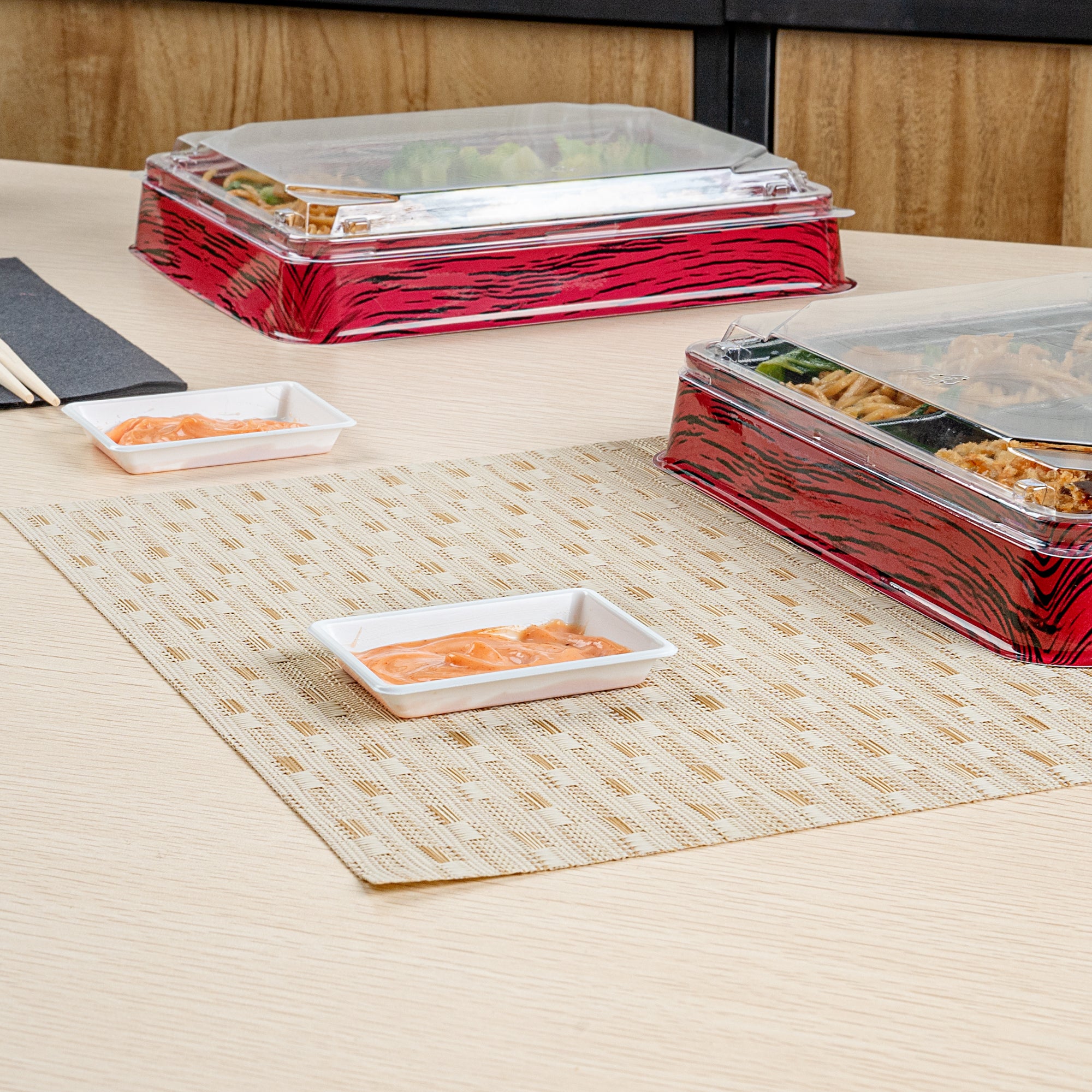 Bento Tek 1 oz Rectangle White Plastic Sauce Dish - 3 x 2.25 Inches - 100 Count Box - Perfect for Sushi, Condiments, and Meal Prep