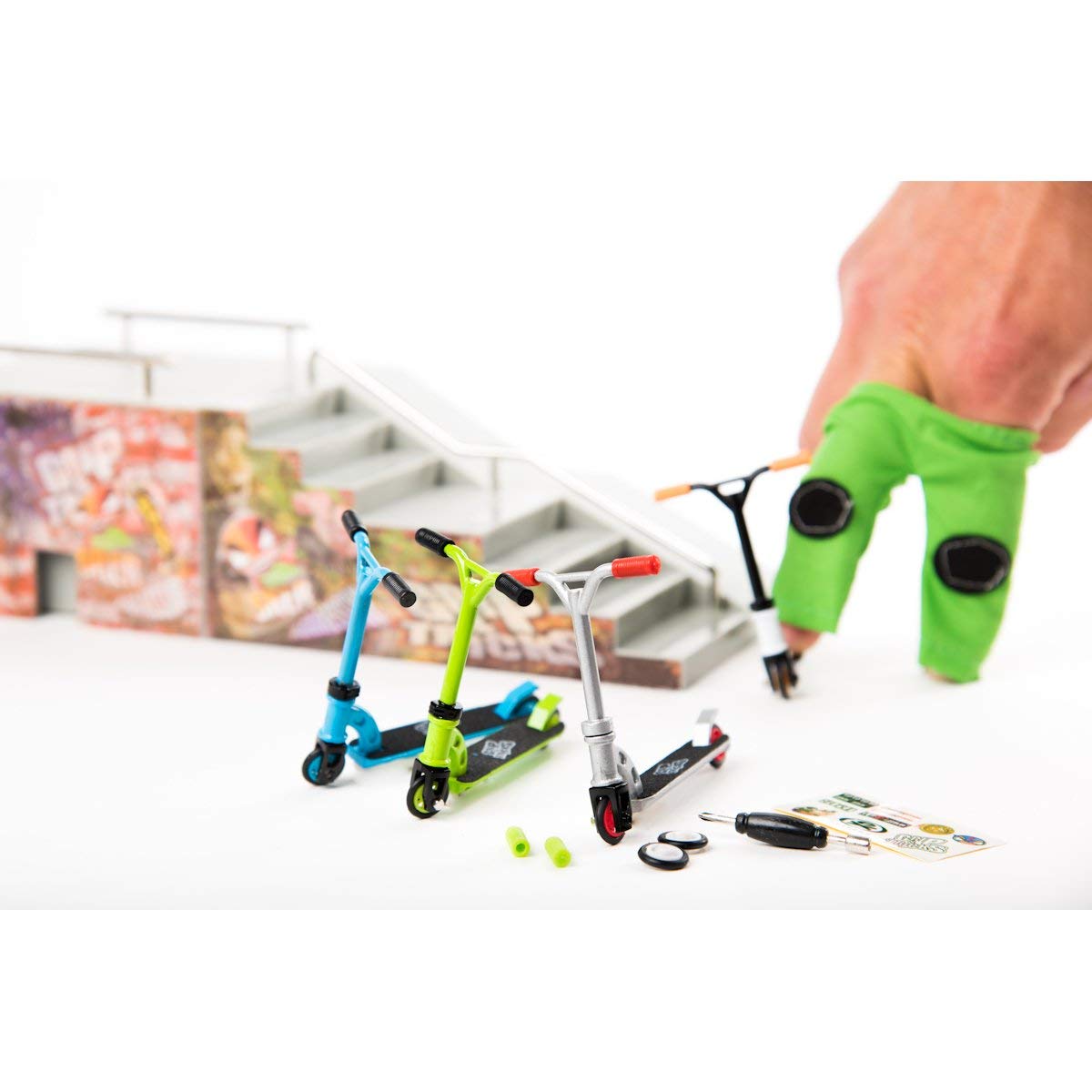 Freestyle Finger Scooter Green Pack with 2 Extra Wheels & 3 Tools - 10-Piece Mini Fingerboard Toy Set for Kids Ages 6+ | Perfect for Stunt Tricks, Skatepark Play & Collectible Fun