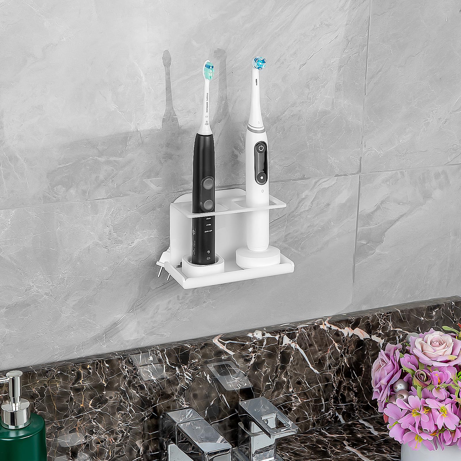 Wall Mounted Electric Toothbrush Holder with 2 Charger Slots - Self Adhesive Bathroom Organizer for Oral B, Philips Sonicare - Perfect for Small Spaces, Dorms & Medicine Cabinets (White)
