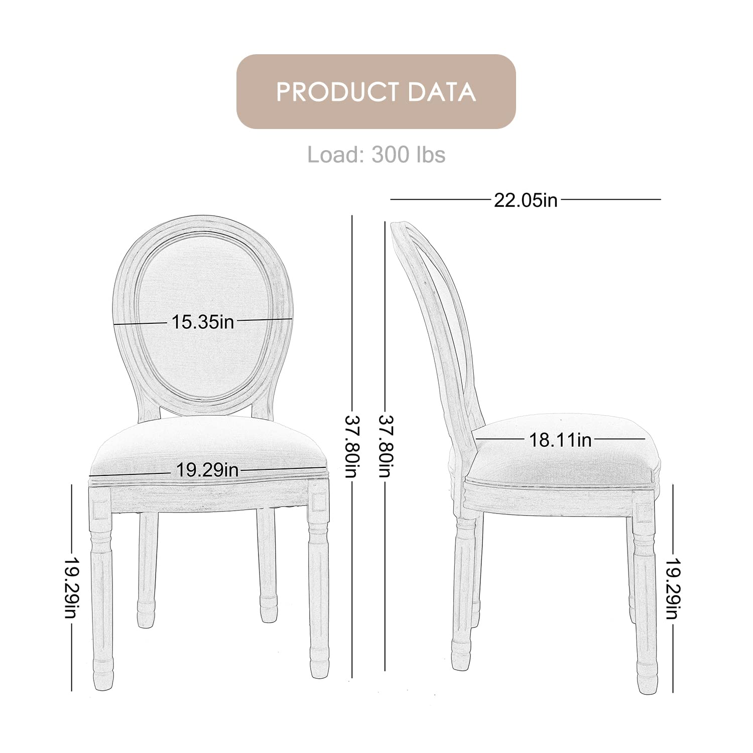 Kiztir French Country Dining Chairs Set of 4 - Farmhouse Style Upholstered Rattan Chairs with Round Backrest & Solid Wood Legs for Dining Room, Kitchen, Bedroom, Restaurant - Perfect for Farmhouse Decor, Casual Dining, and Entertaining Guests