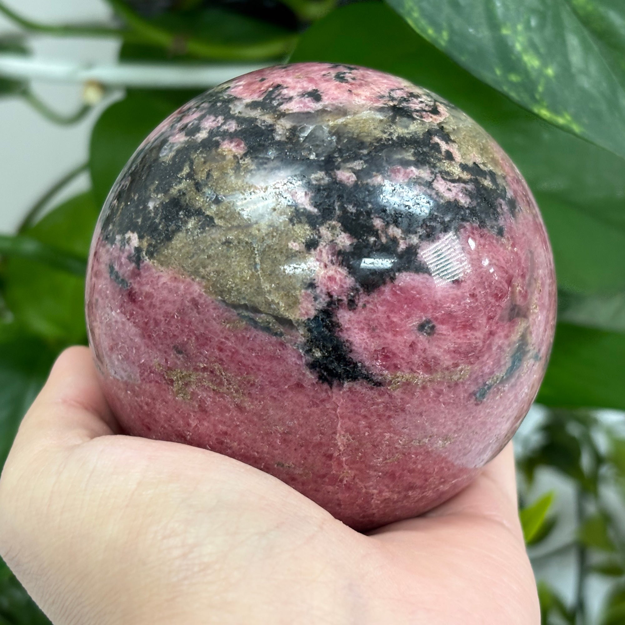 Polished Rhodonite Stone Sphere - Natural Crystal Orb with Pink & Black Patterns for Home & Office Decor | Meditation, Feng Shui, Gift Idea