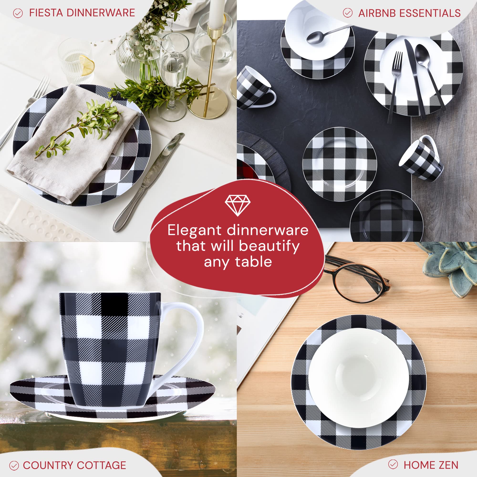 Modern Black & White Plaid 16-Piece Kitchen Dinnerware Set - Frost White Plates, Bowls & Mugs - Dishwasher Safe for Indoor Dining & Entertaining
