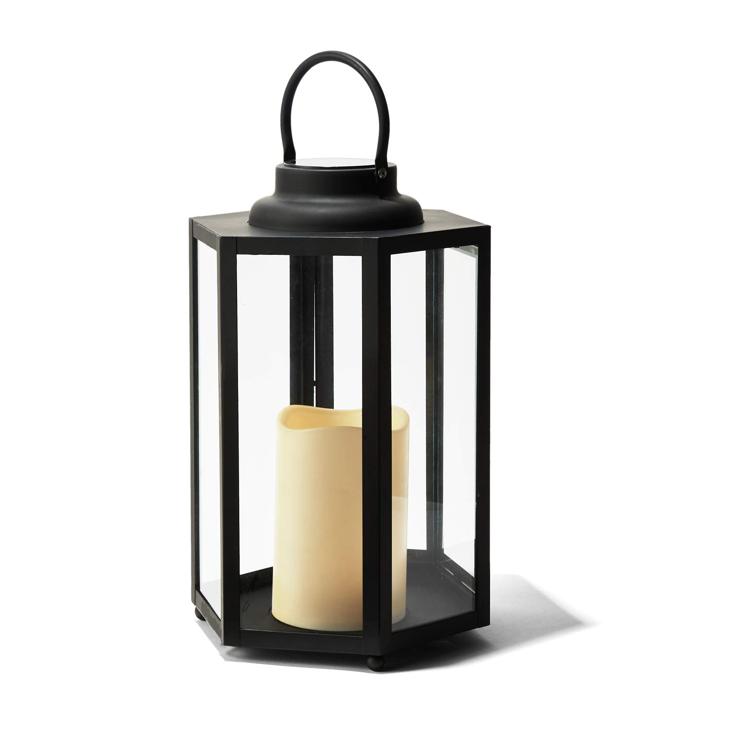 Outdoor Solar Powered Decorative Lantern with Flameless Candle - 14 Inch Black Metal & Glass Waterproof Hanging Light for Porch, Garden, Patio - Perfect for Evening Ambiance, Wedding Decor & Holiday Lighting