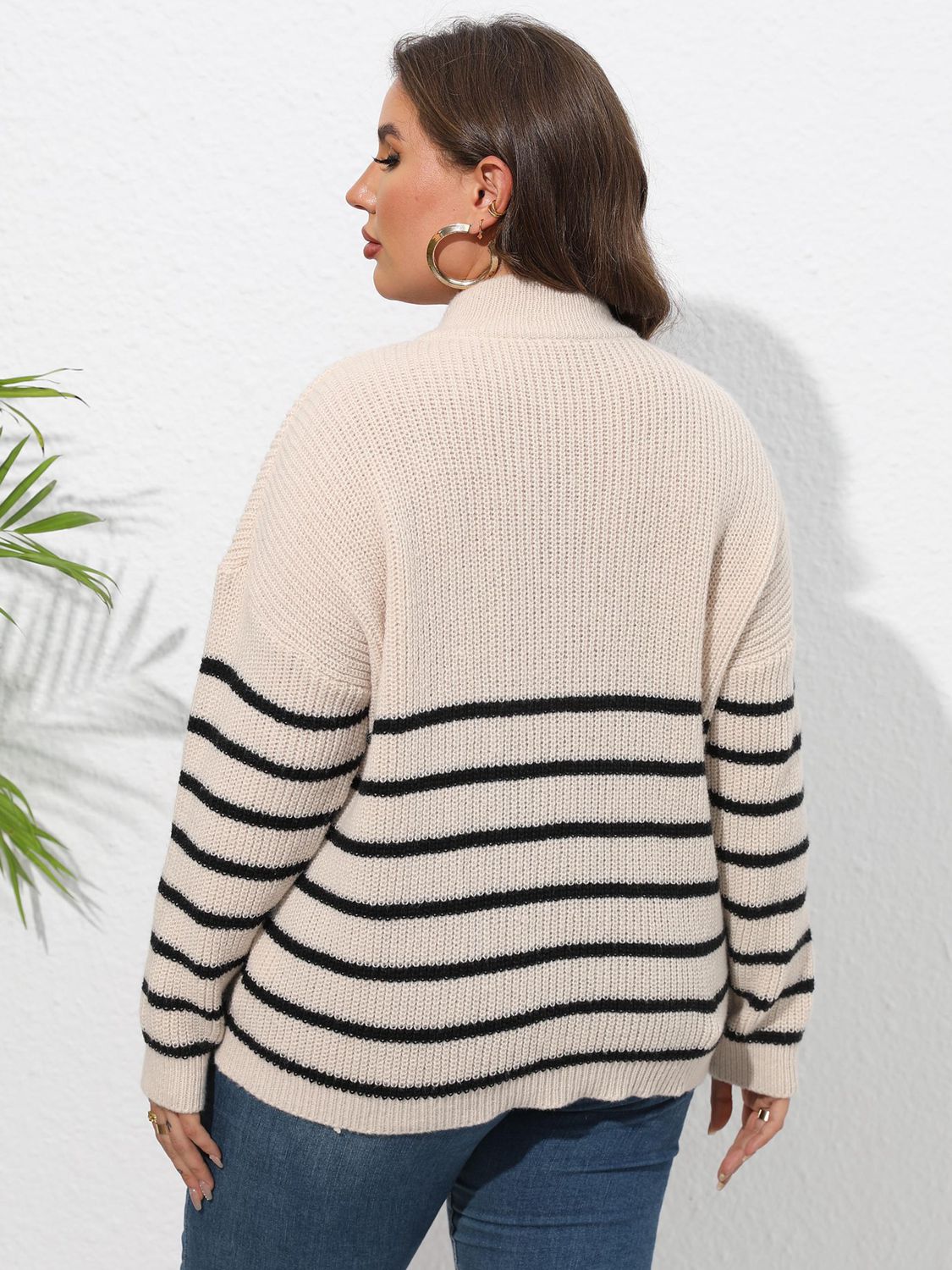 Plus Size Striped Zip Up Sweater for Women - Cozy & Stylish Pullover for Casual Outings, Work & Fall Fashion