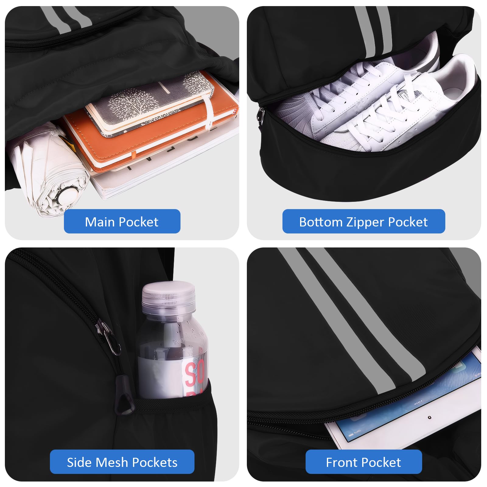 MEYDLL Gym Backpack - Large Capacity Waterproof Drawstring Bag with Reflective Stripes & Side Pockets for Men & Women - Perfect for Workout, Travel & Outdoor Sports