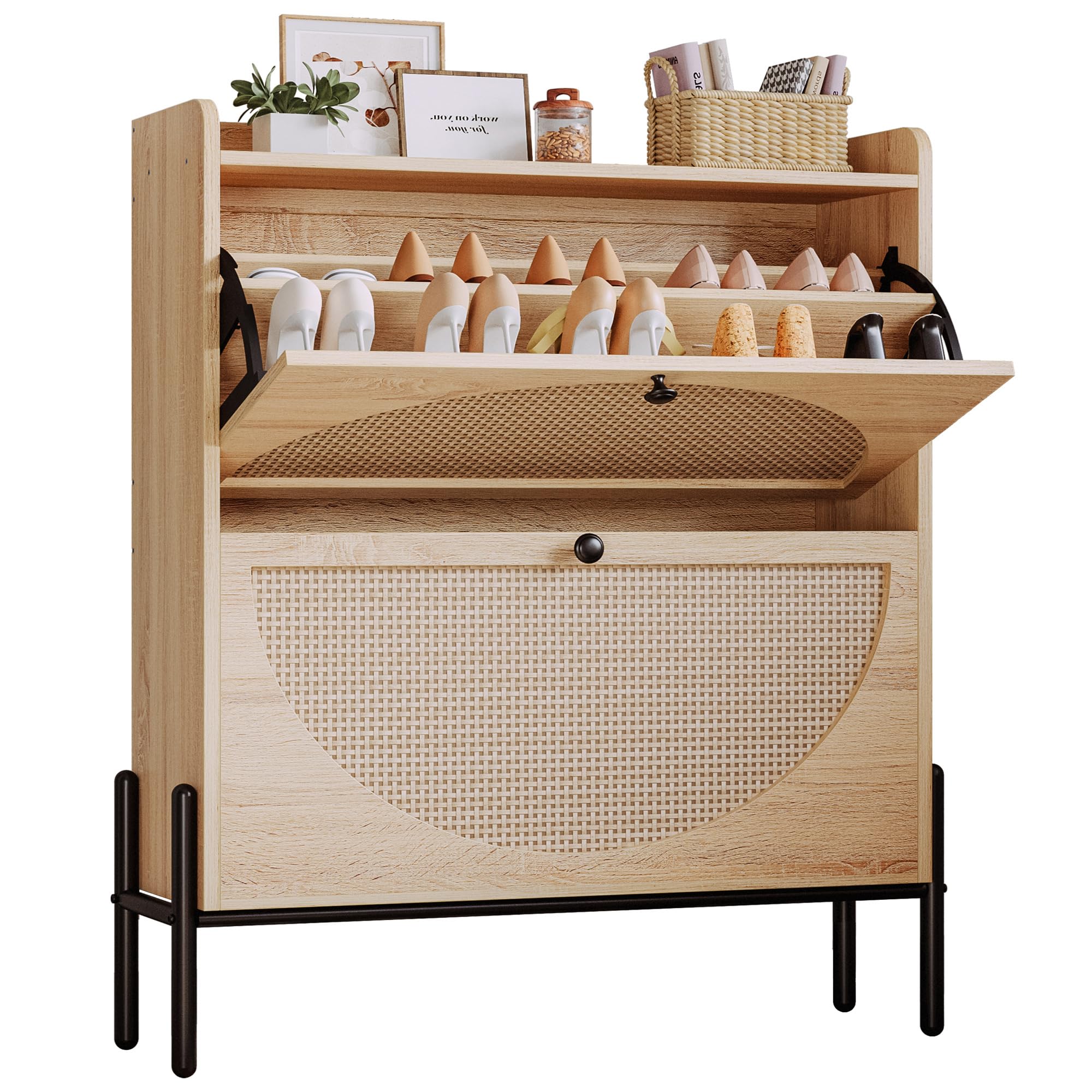 IRONCK 2-Tier Flip Drawer Shoe Cabinet - Free Standing Wooden Shoe Storage Organizer with Rattan Doors - Narrow Entryway Shoe Rack for Hallway, Bedroom, or Closet - Oak Finish (Space Saving Shoe Organizer)