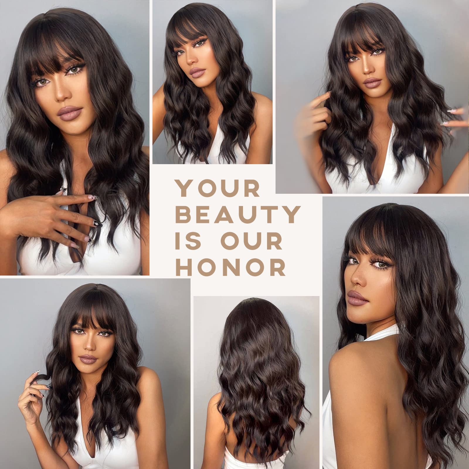 Long Curly Synthetic Wigs for Women - Dark Brown Heat Resistant Wig with Bangs | Natural Look for Daily Wear & Cosplay | Perfect for Parties, Halloween & Everyday Styling