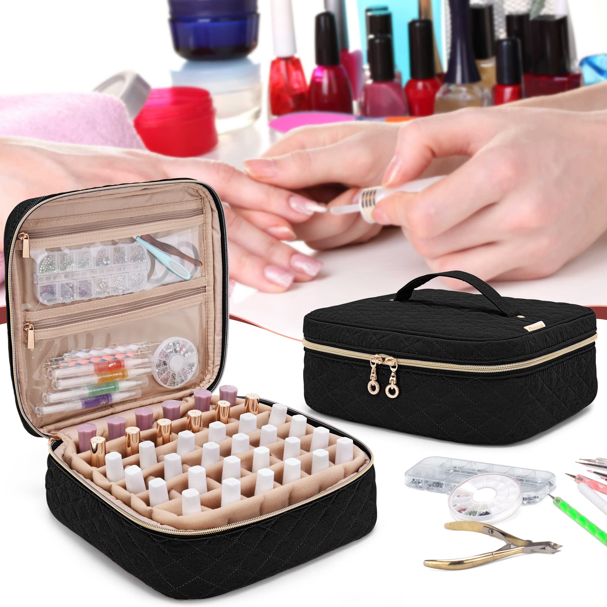 Yarwo 36 Bottle Nail Polish Organizer Case - Portable Nail Varnish Storage Bag for 15ml/0.5oz Bottles, Nail Art Accessories Carrying Case (Black) - Perfect for Salon Professionals, Travel & Home Organization