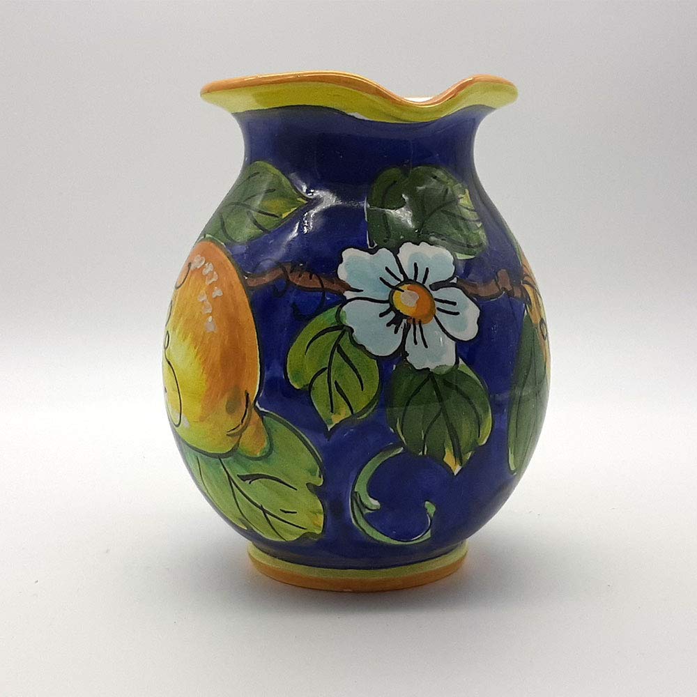 Italian Ceramic Pitcher 16oz - Hand Painted Lemon Blue Design Kitchen Carafe & Utensil Holder - Tuscan Pottery Wine Dispenser & Home Decor Vase - Perfect for Farmhouse Kitchens, Italian Restaurants & Gift Giving
