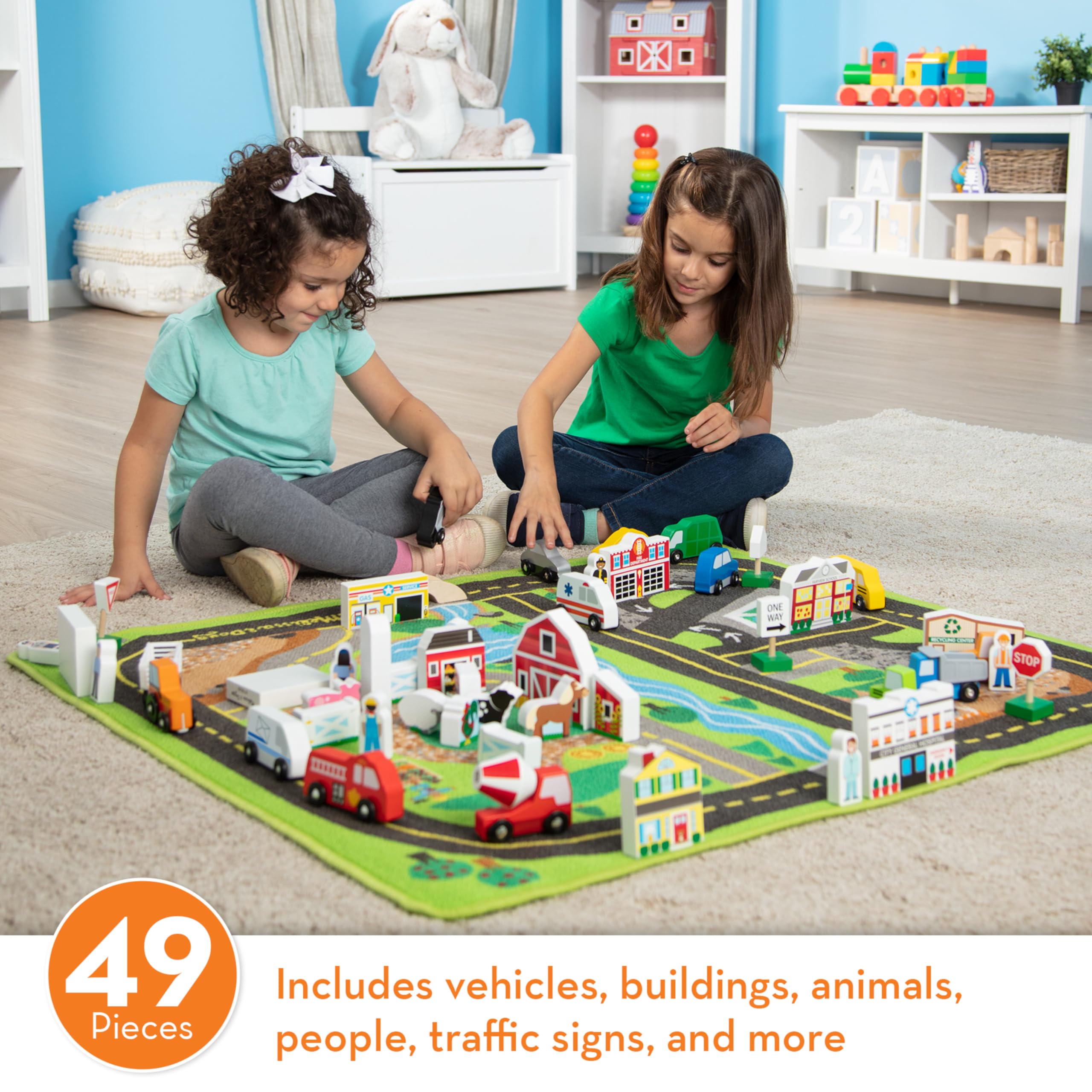 Melissa & Doug Deluxe Activity Road Rug Play Set with 49 Wooden Vehicles & Play Pieces – Interactive Toy for Kids, Perfect for Pretend Play, Learning & Indoor Fun