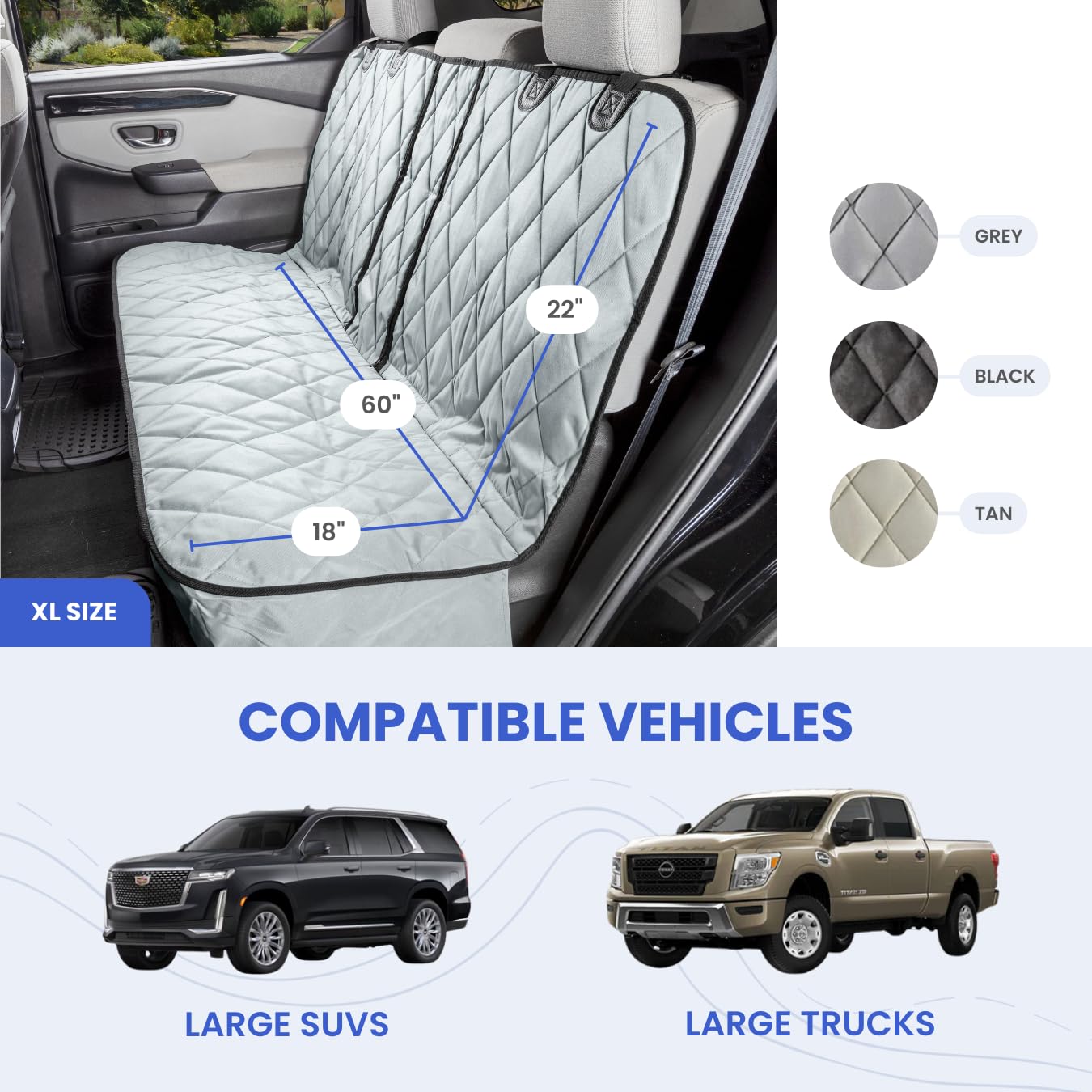 4Knines Heavy Duty Waterproof Dog Seat Cover for Cars, Trucks & SUVs - XL Black Non-Slip Back Seat Protector Fits 60/40 Split Bench with Middle Seat Belt | Perfect for Pet Travel, Outdoor Adventures & Daily Commutes
