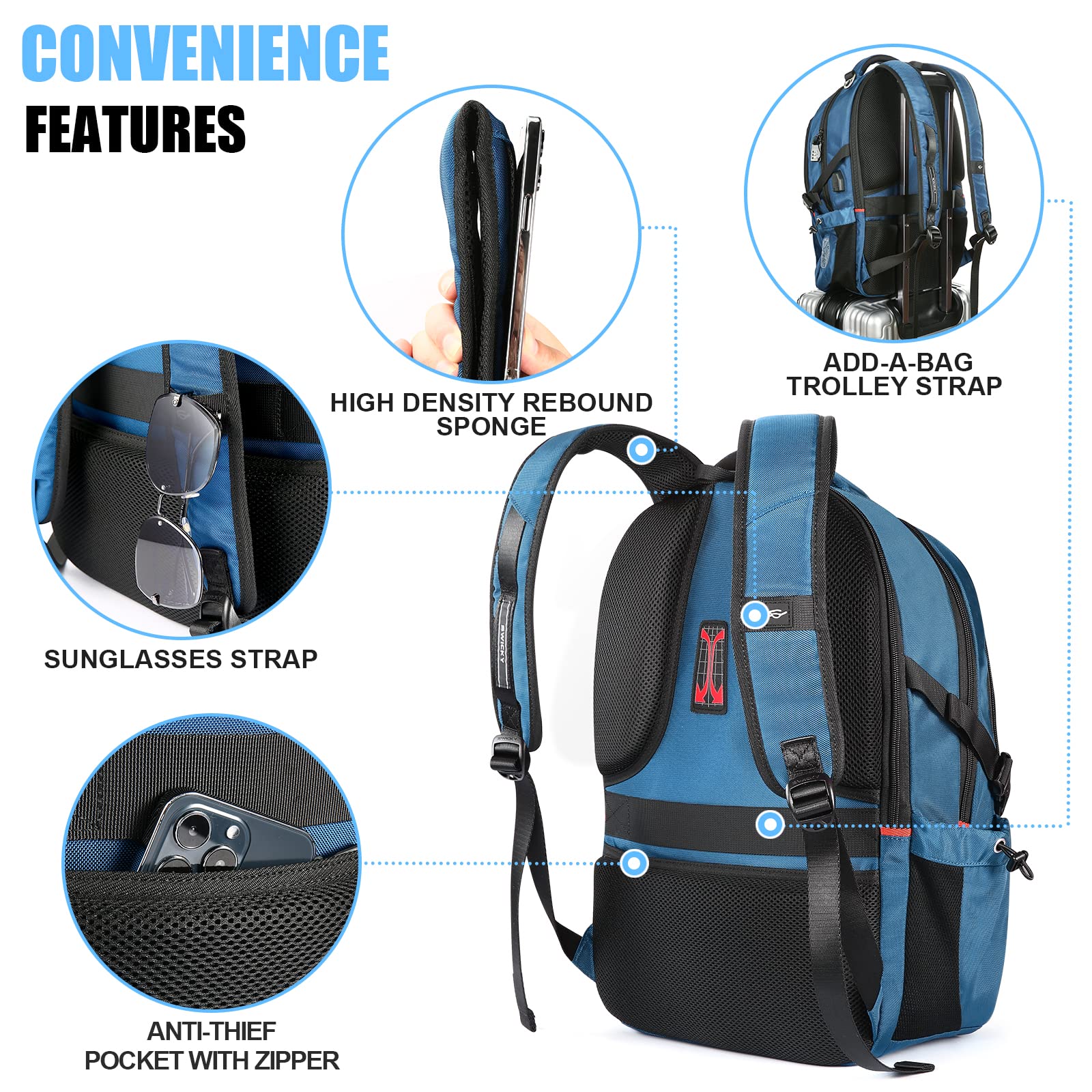 Star Cloud 16 Inch Travel Laptop Backpack with USB Charging Port - Waterproof Anti-Theft Business & College Computer Backpack for Men & Women (Blue) - Perfect for Work, School, Commuting & Air Travel