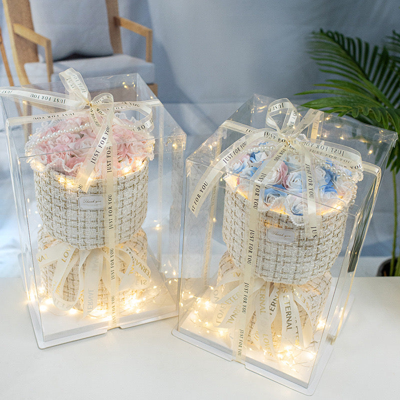 LED Rose Soap Flower Bouquet with Clear Gift Box & Light - Valentine's Day, Christmas, Mother's Day, Bridesmaid & Business Gifts - Perfect for Romantic Surprises, Wedding Favors, and Special Occasions