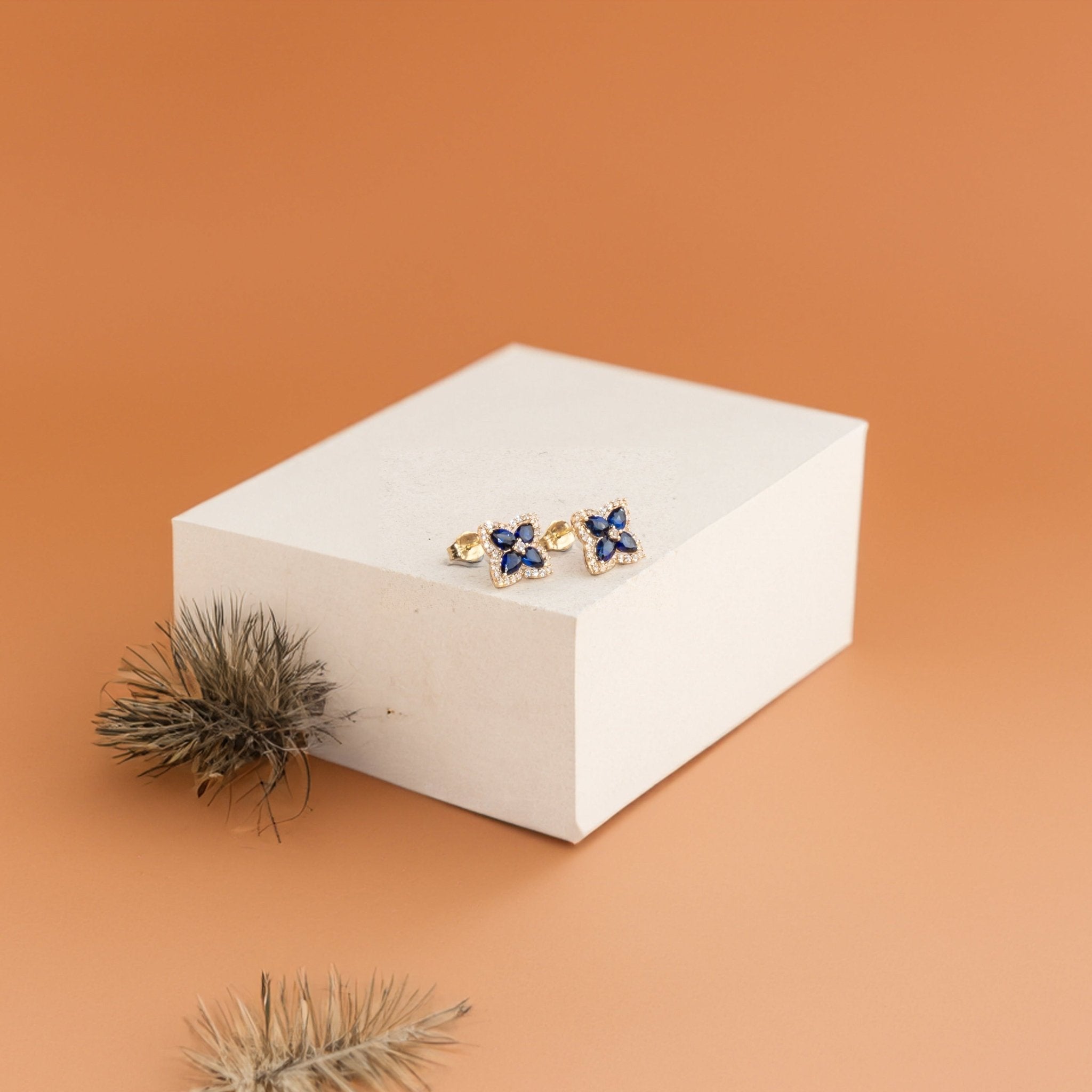 10k Yellow Gold Blue Sapphire Clover Stud Earrings with White Sapphire Halo - Elegant Irish Jewelry for Women, Perfect for St. Patrick's Day Gifts, Anniversary & Birthday Presents